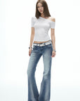 IAMXIAA Vintage Washed Flare Jeans Low Waist Denim with Retro Y2K Street Style