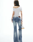 IAMXIAA Vintage Washed Flare Jeans Low Waist Denim with Retro Y2K Street Style