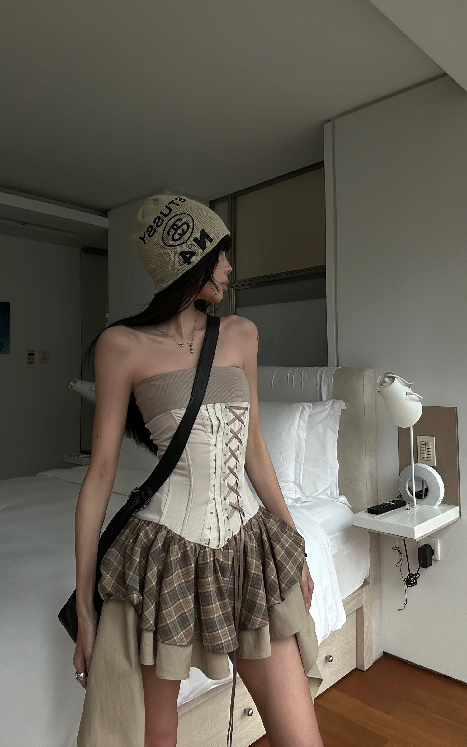 WARDEN EDGE Corset Mini Dress with Plaid Layers - PINKPARKS