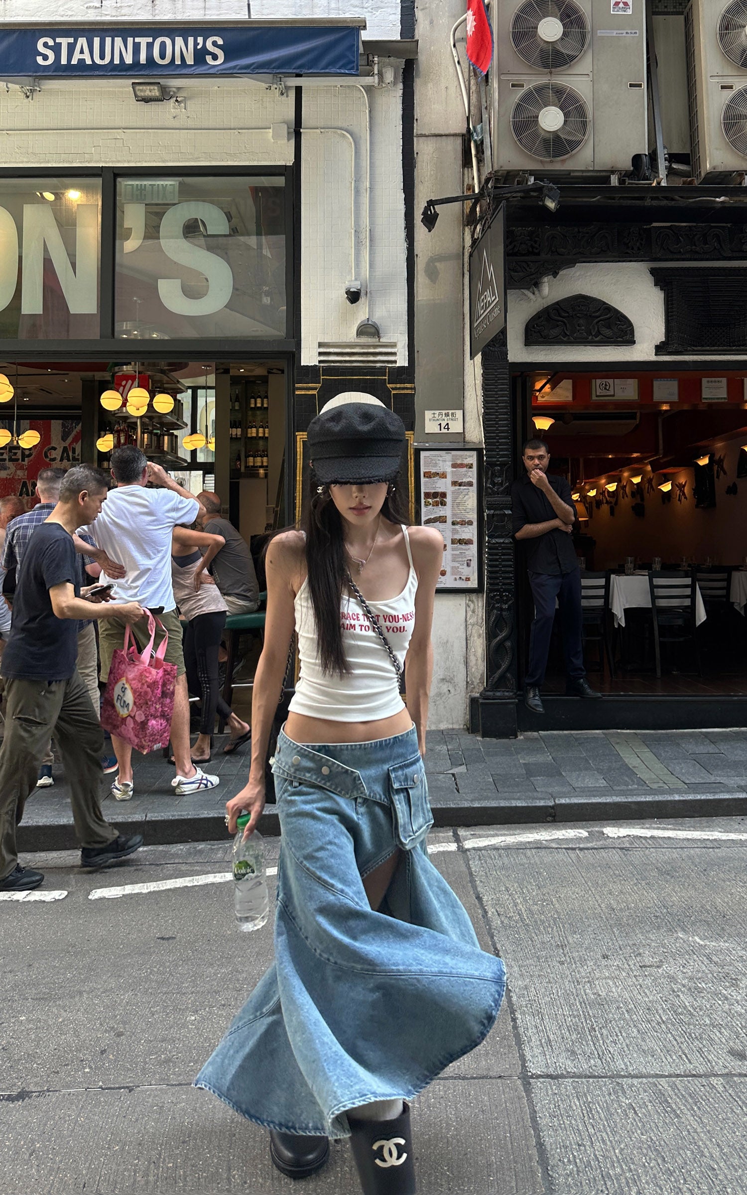 WARDEN EDGE Asymmetric Pocket Flare Denim Skirt with Deconstructed Belt Detail - PINKPARKS