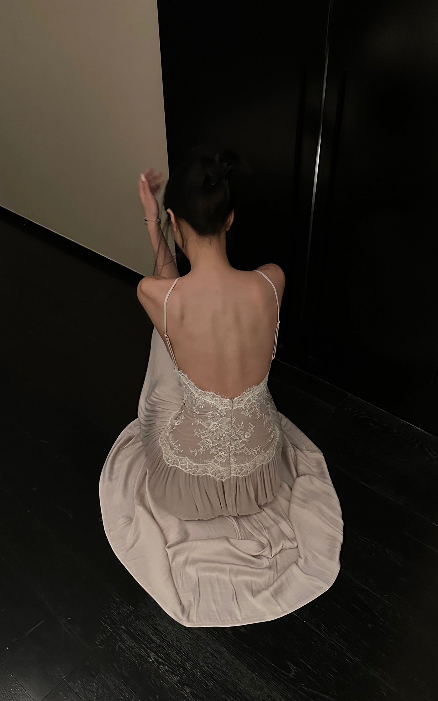 ROVENTE Embroidered Lace Halter Dress With Gathered Hem - PINKPARKS