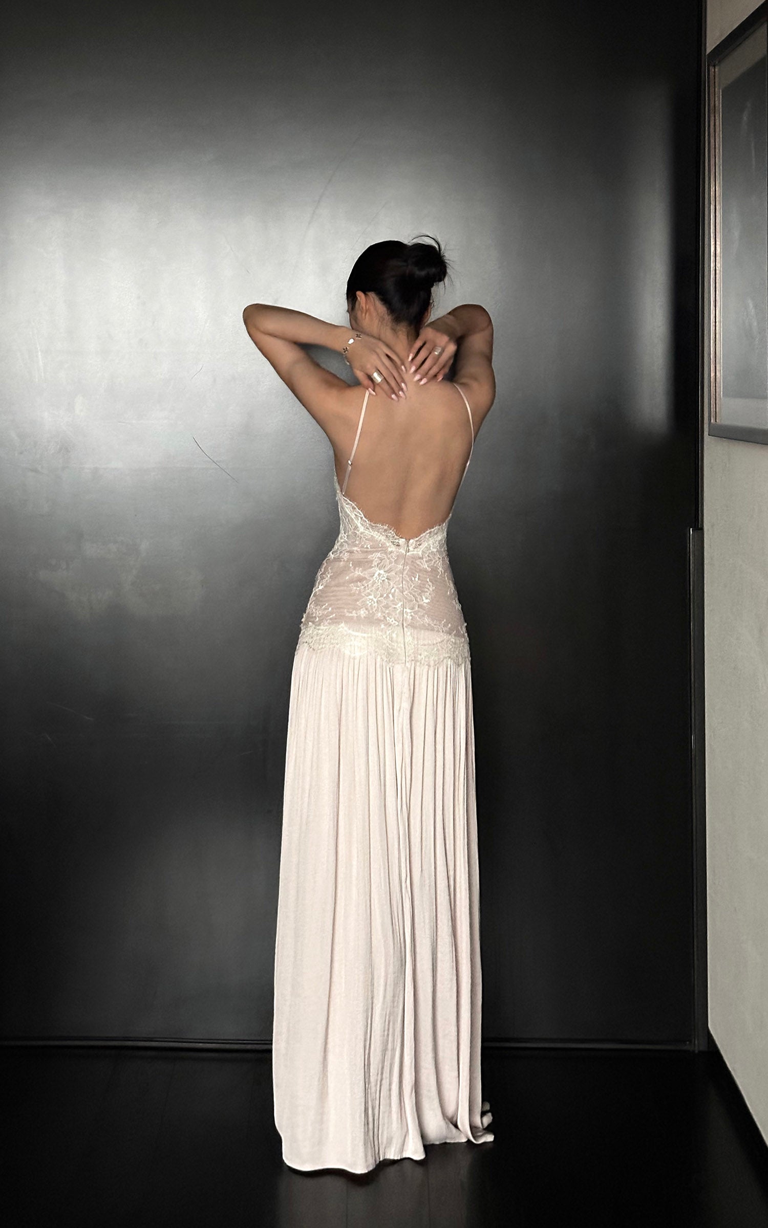 ROVENTE Embroidered Lace Halter Dress With Gathered Hem - PINKPARKS