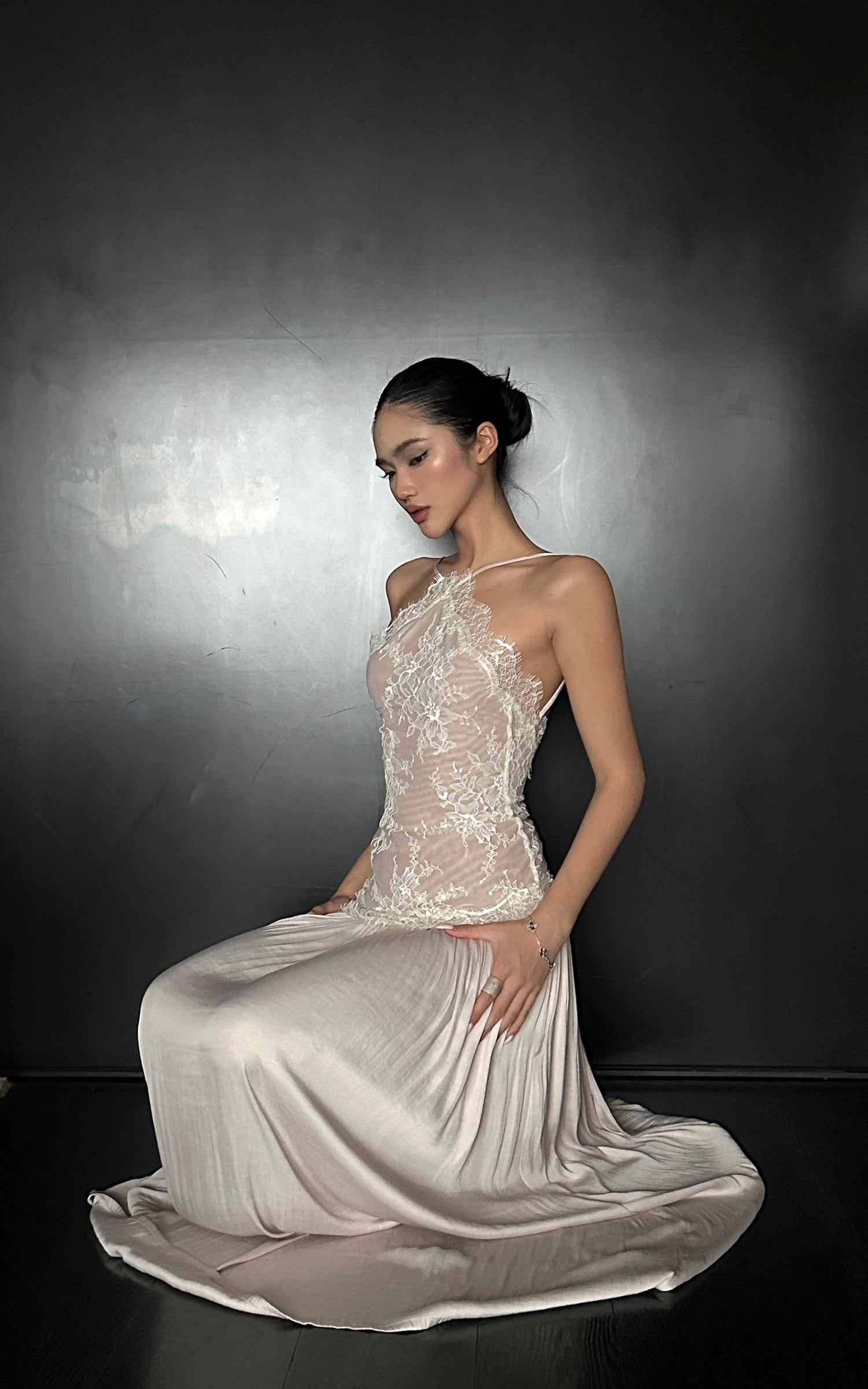 ROVENTE Embroidered Lace Halter Dress With Gathered Hem - PINKPARKS