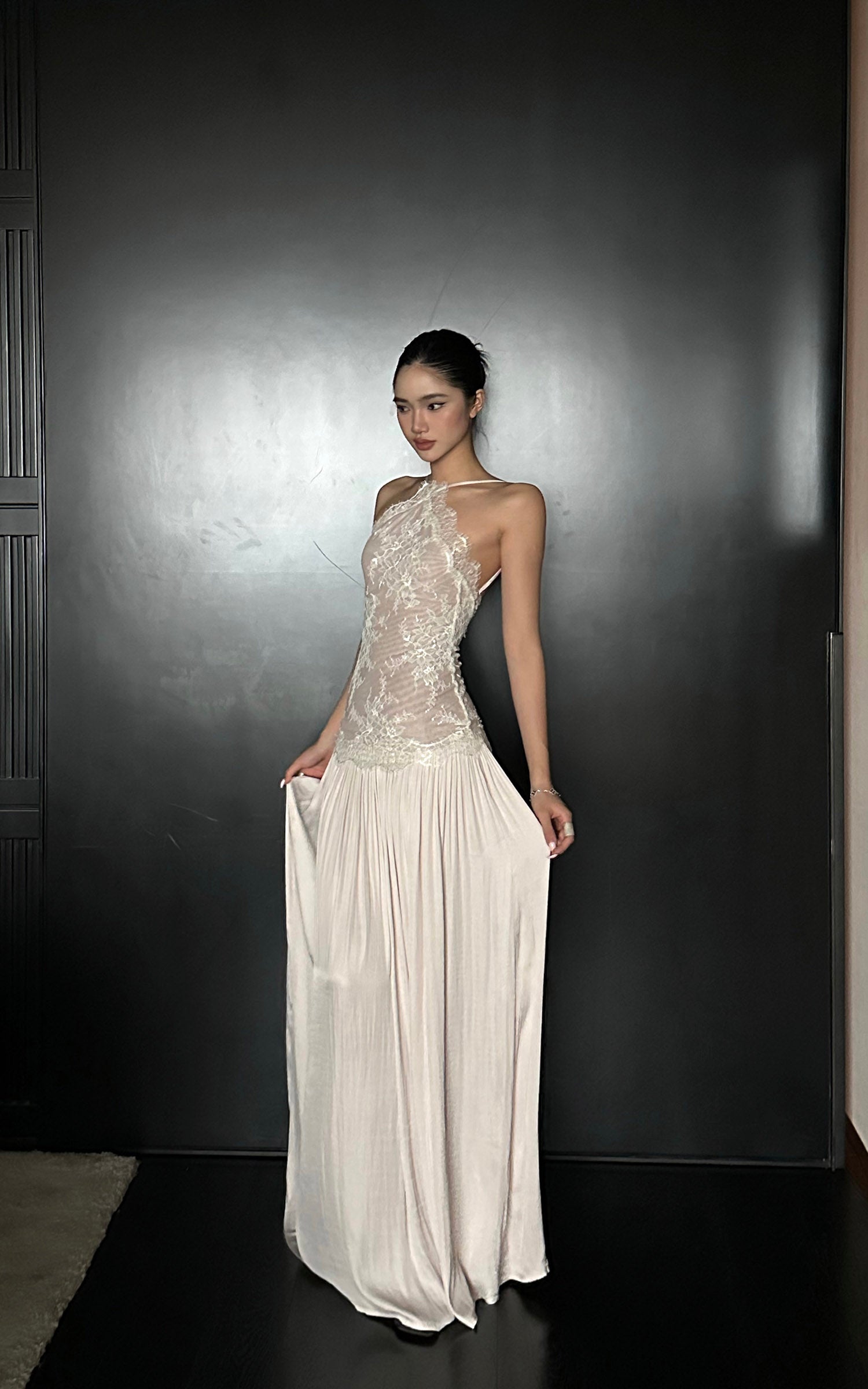 ROVENTE Embroidered Lace Halter Dress With Gathered Hem - PINKPARKS