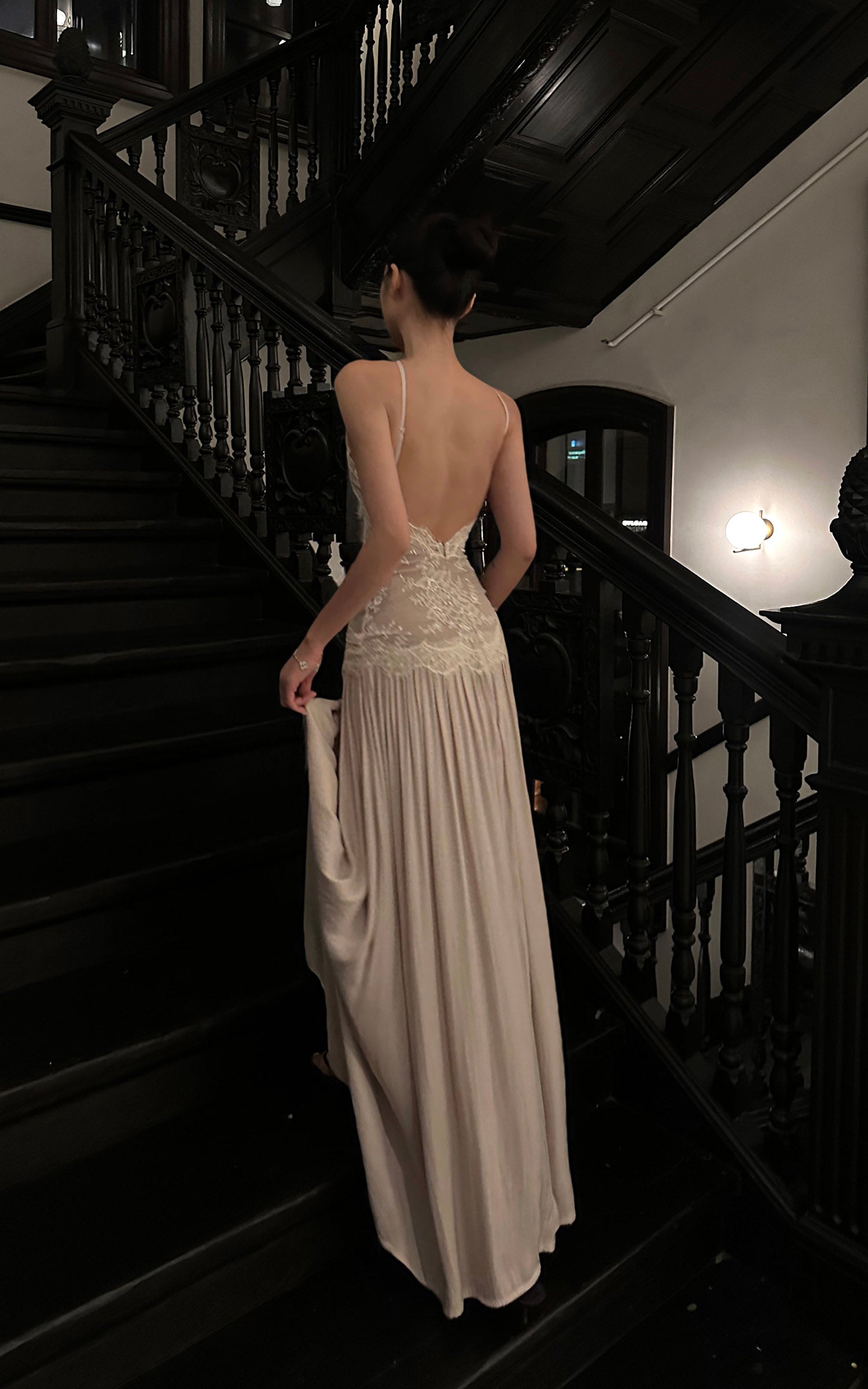 ROVENTE Embroidered Lace Halter Dress With Gathered Hem - PINKPARKS