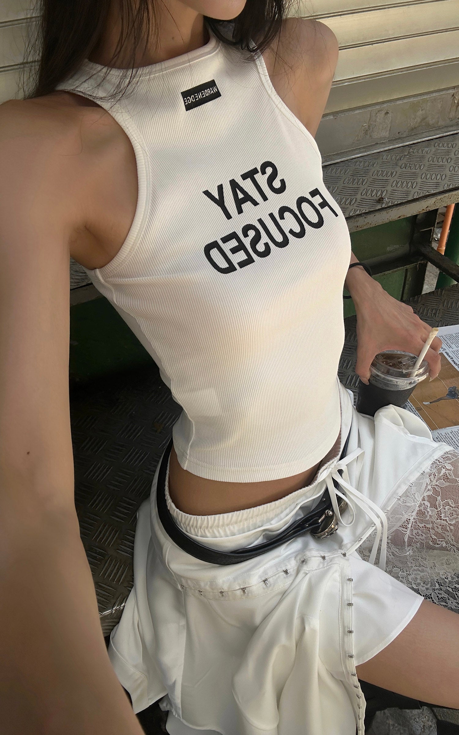 WARDEN EDGE Ribbed Racerback Tank Top with Contrast Lettering - PINKPARKS