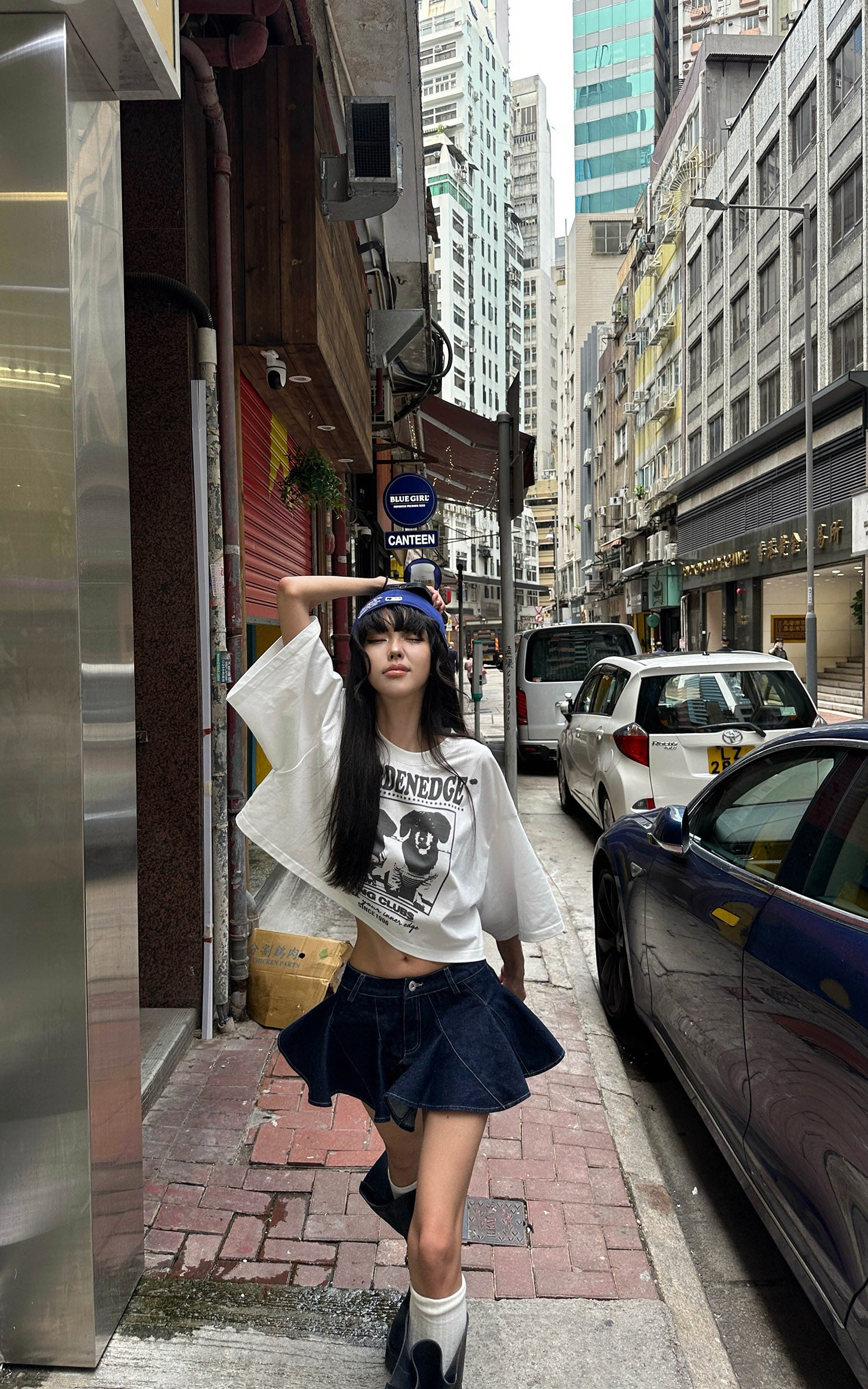 WARDEN EDGE アシンメトリープリーツデニムミニスカート（インナーパンツ付き）