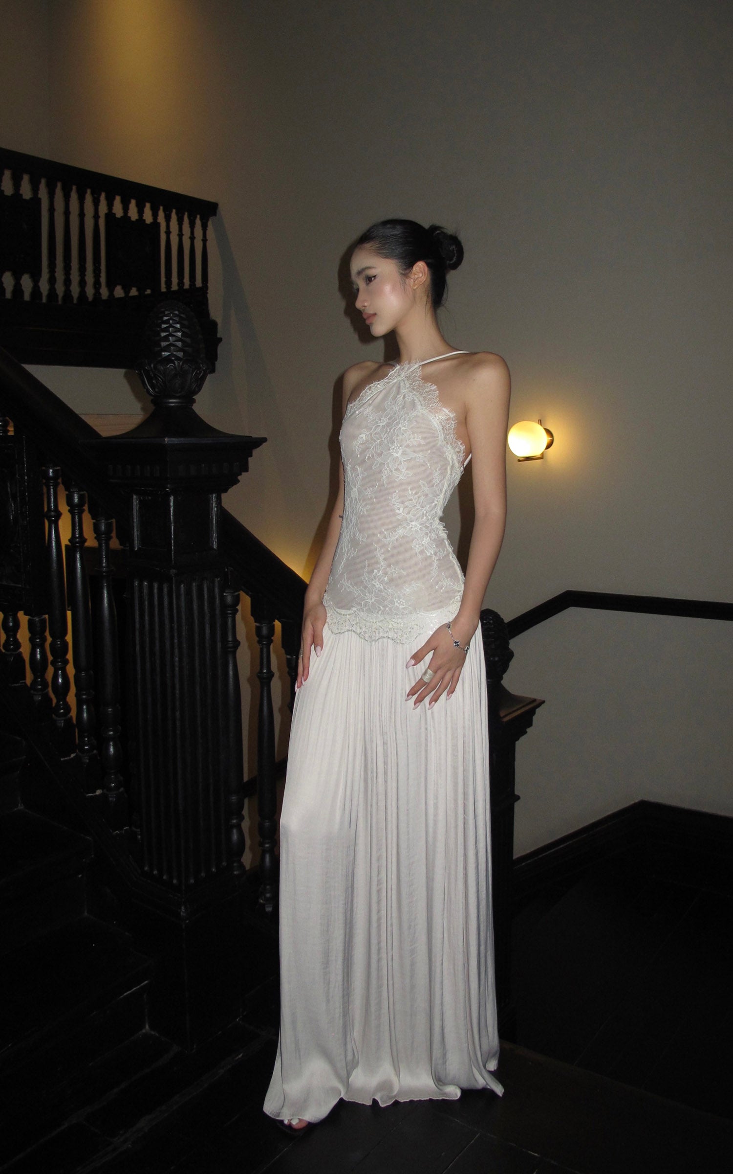 ROVENTE Embroidered Lace Halter Dress With Gathered Hem - PINKPARKS