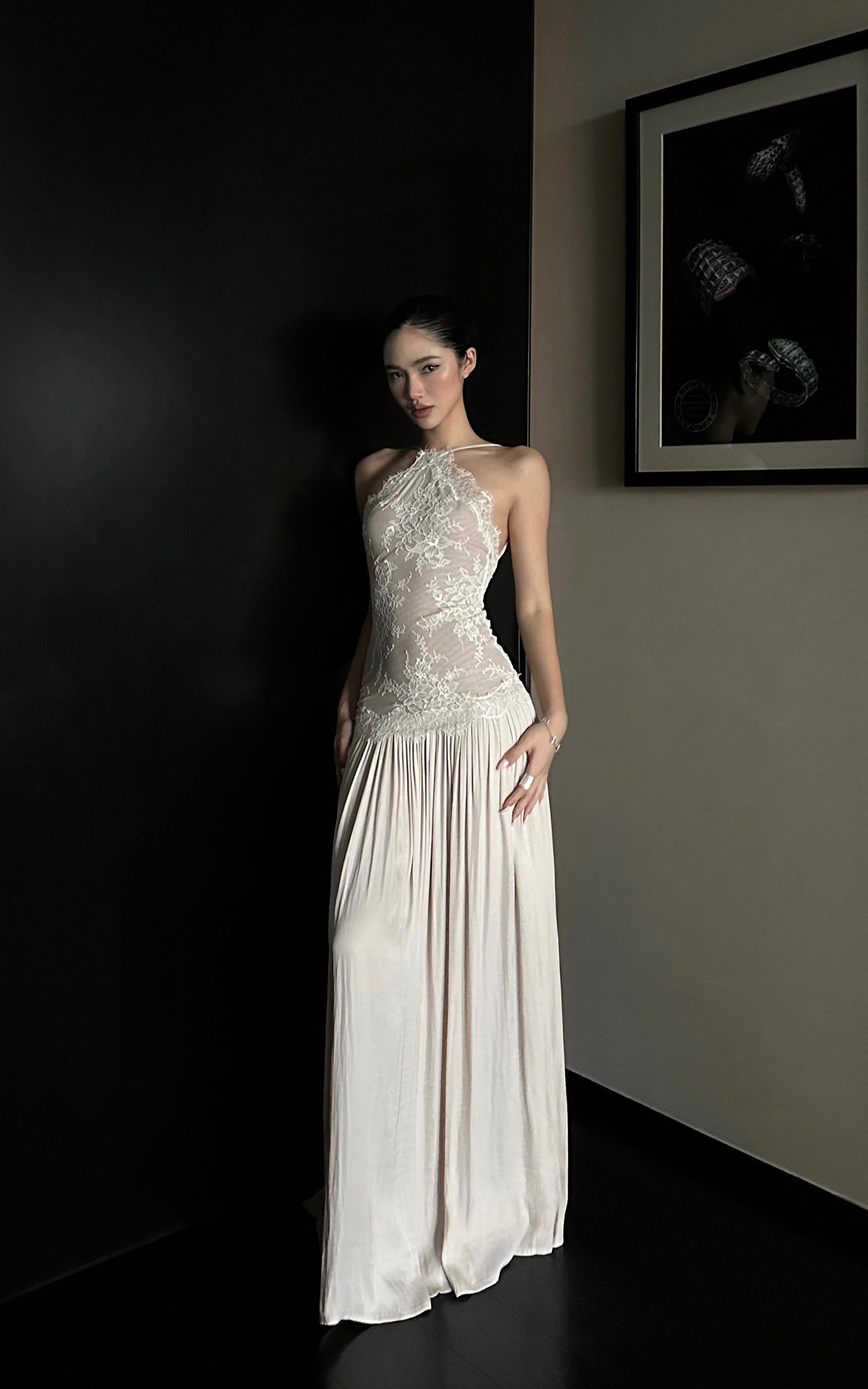 ROVENTE Embroidered Lace Halter Dress With Gathered Hem - PINKPARKS