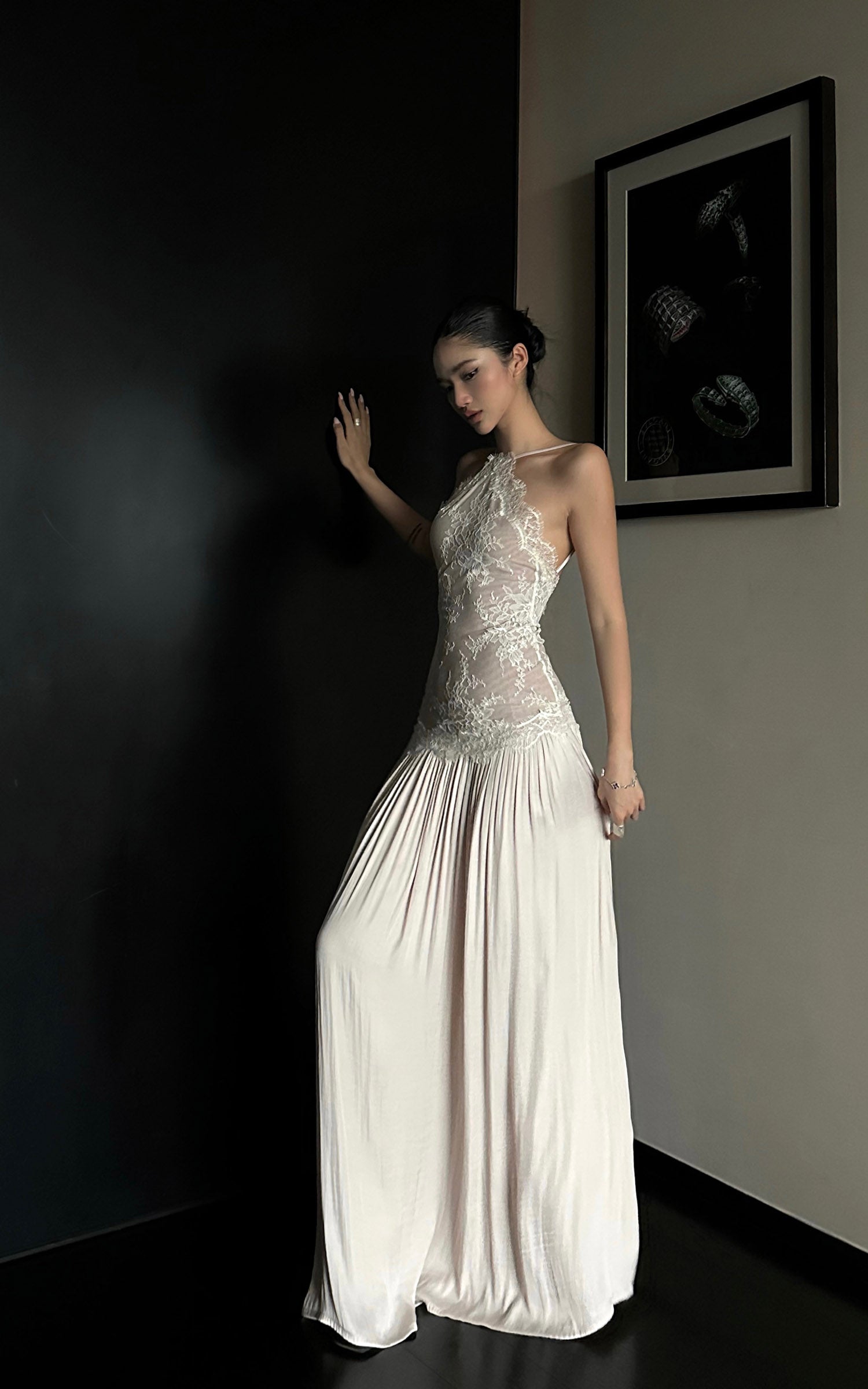 ROVENTE Embroidered Lace Halter Dress With Gathered Hem - PINKPARKS