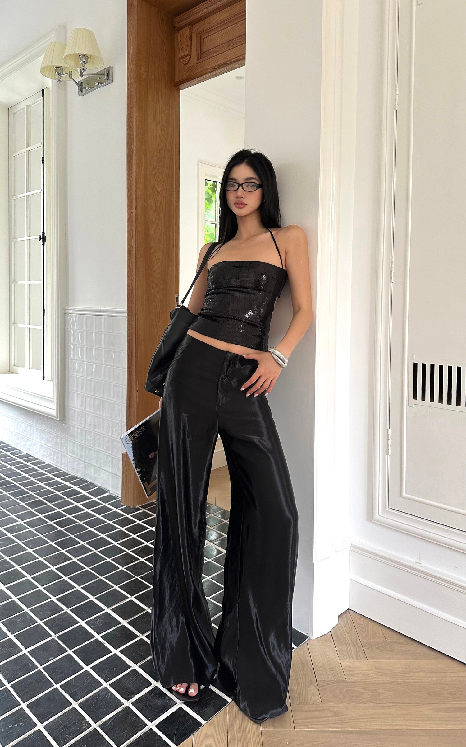 ROVENTE Glossed Satin Wide-Leg Pants with Tailored Silhouette - PINKPARKS