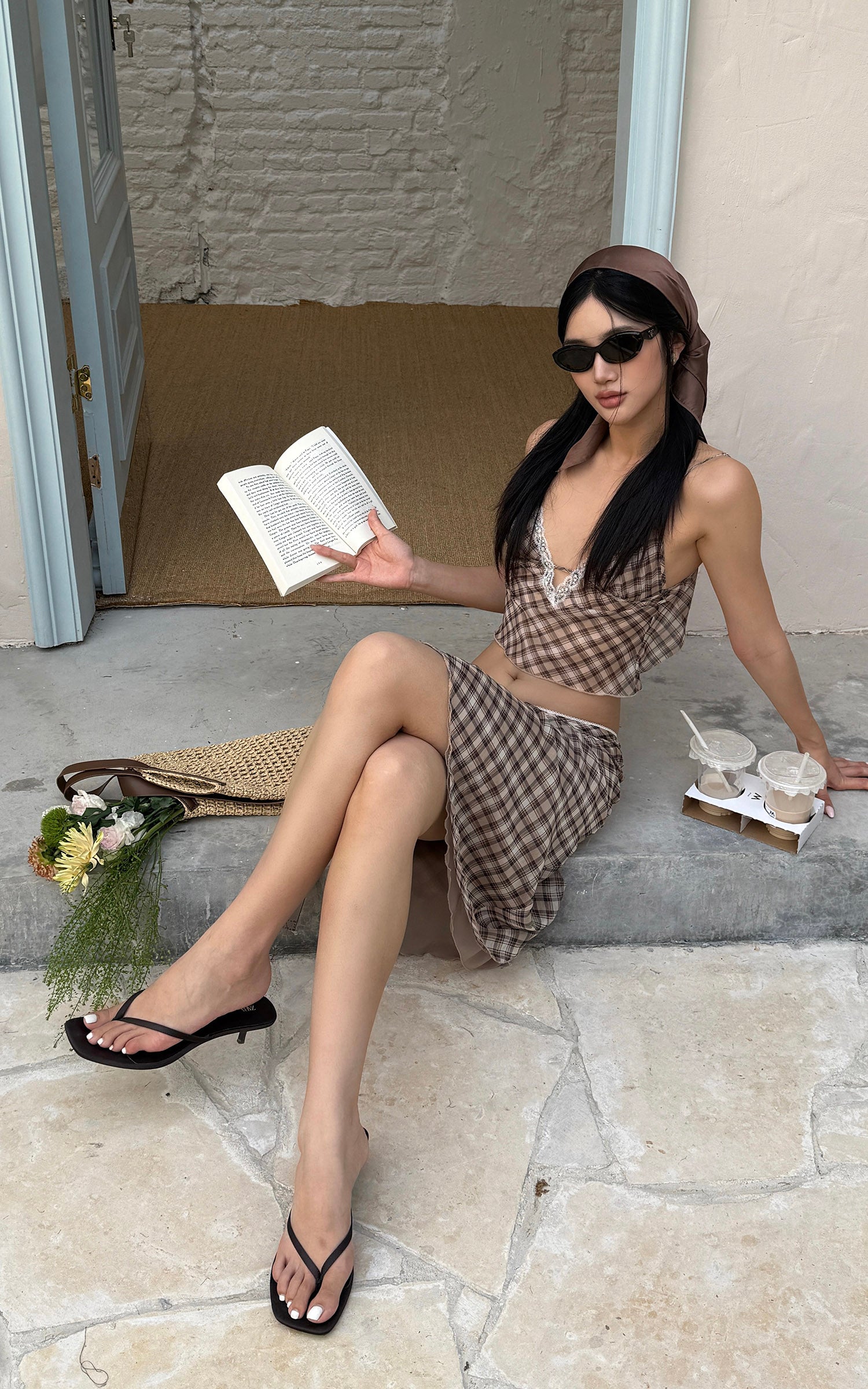 ROVENTE Plaid Sheer Cami Top and Flowy Midi Skirt Matching Set - PINKPARKS