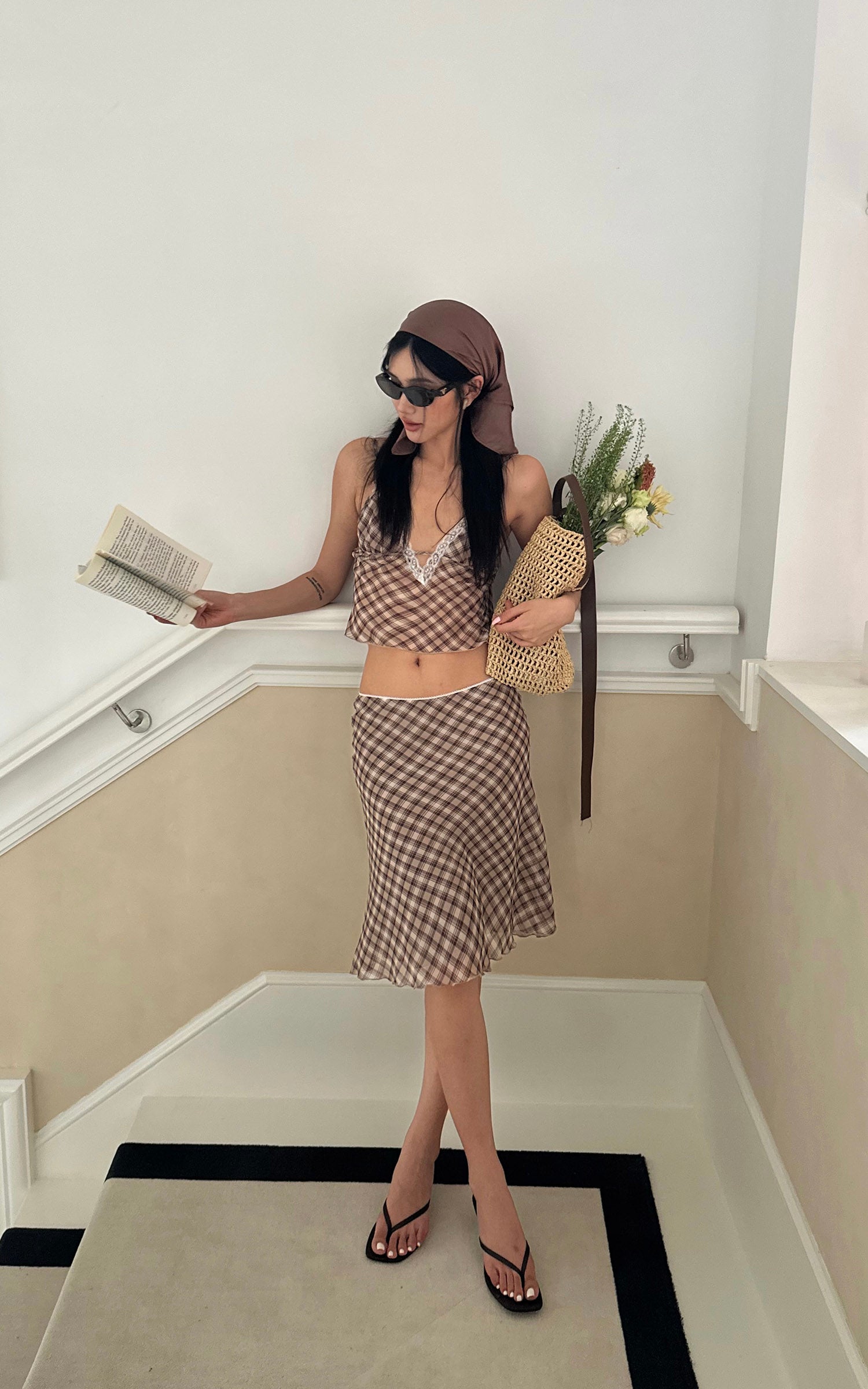 ROVENTE Plaid Sheer Cami Top and Flowy Midi Skirt Matching Set - PINKPARKS