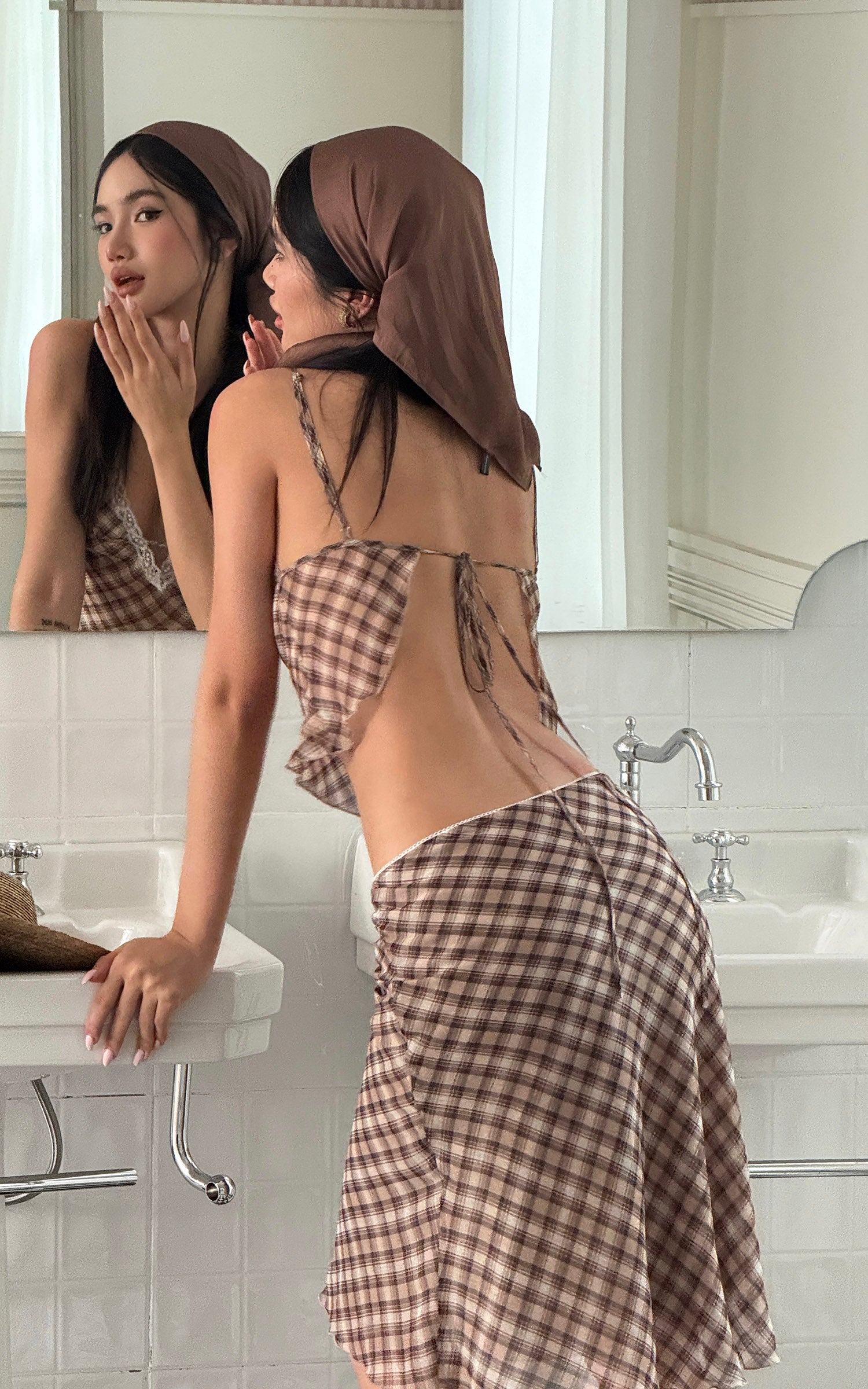 ROVENTE Plaid Sheer Cami Top and Flowy Midi Skirt Matching Set - PINKPARKS