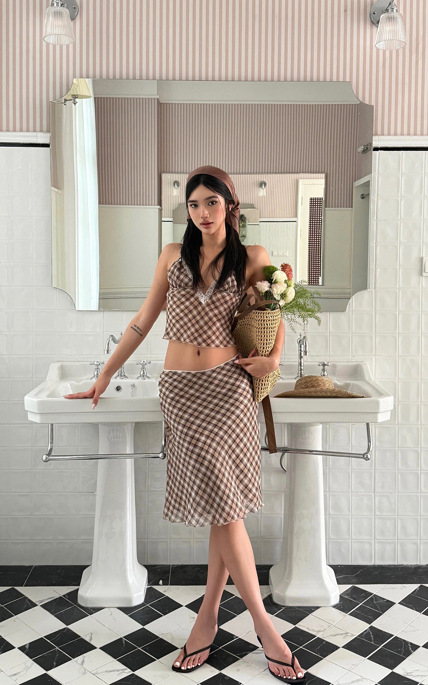 ROVENTE Plaid Sheer Cami Top and Flowy Midi Skirt Matching Set - PINKPARKS