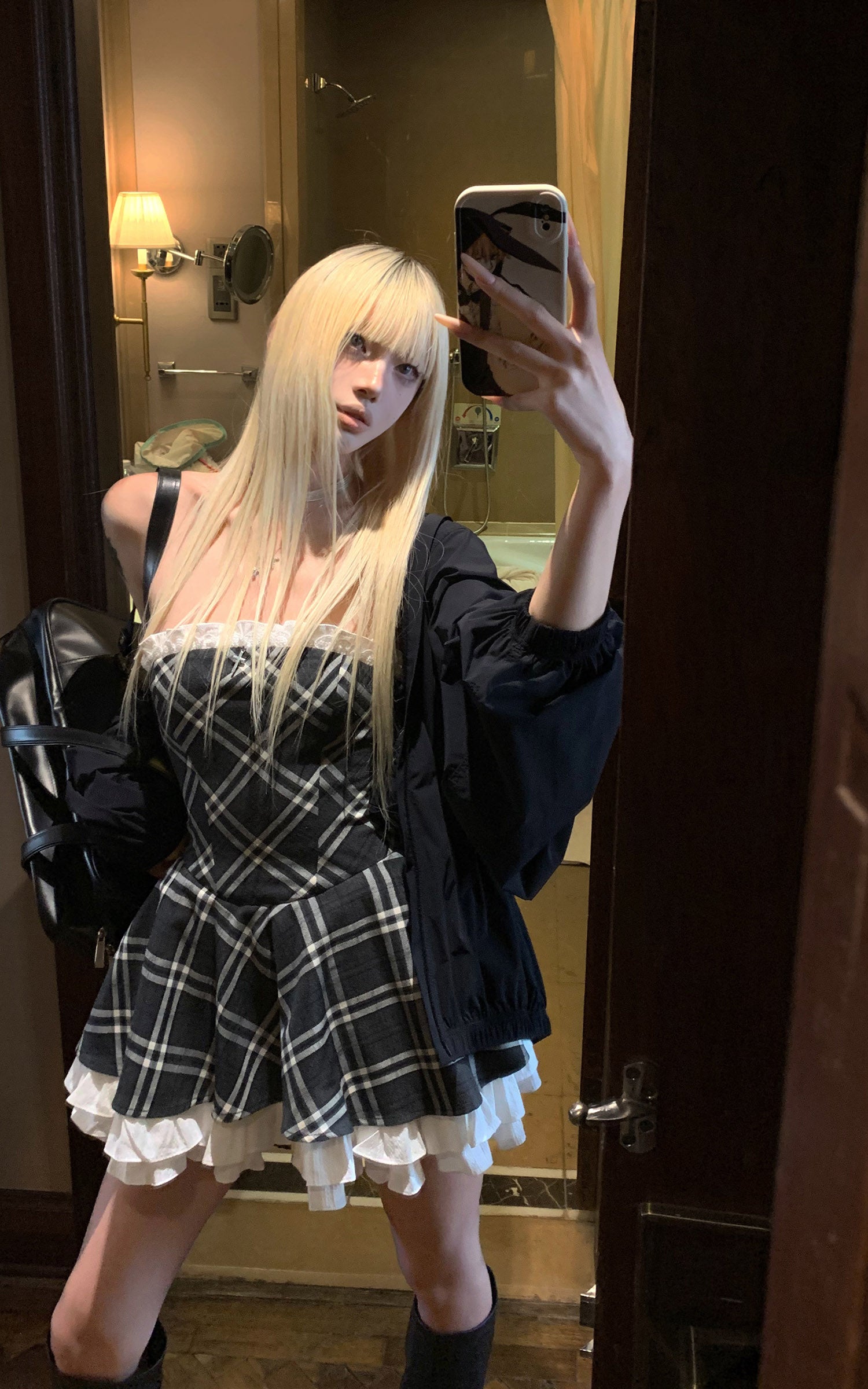 Rase le sol Strapless Sculpted Dress with Check Pattern and Tiered Lace - PINKPARKS