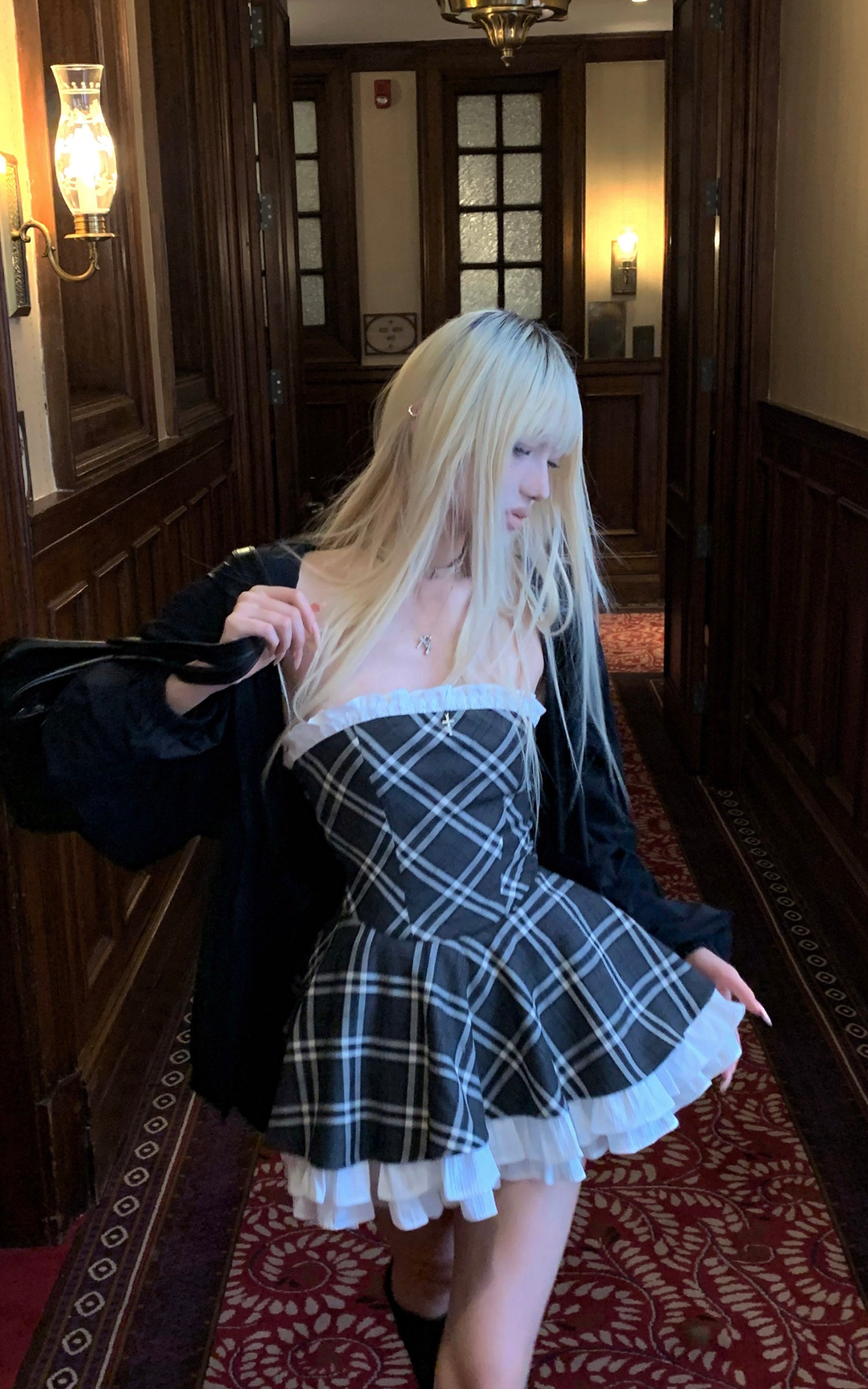 Rase le sol Strapless Sculpted Dress with Check Pattern and Tiered Lace - PINKPARKS