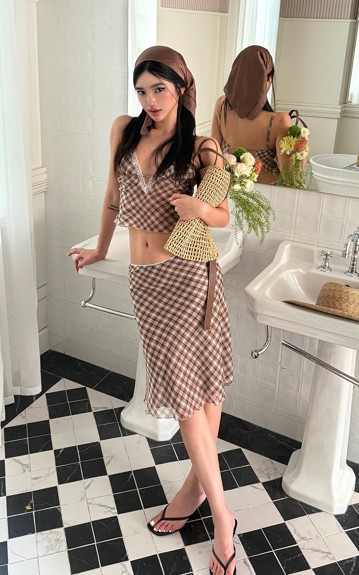 ROVENTE Plaid Sheer Cami Top and Flowy Midi Skirt Matching Set - PINKPARKS