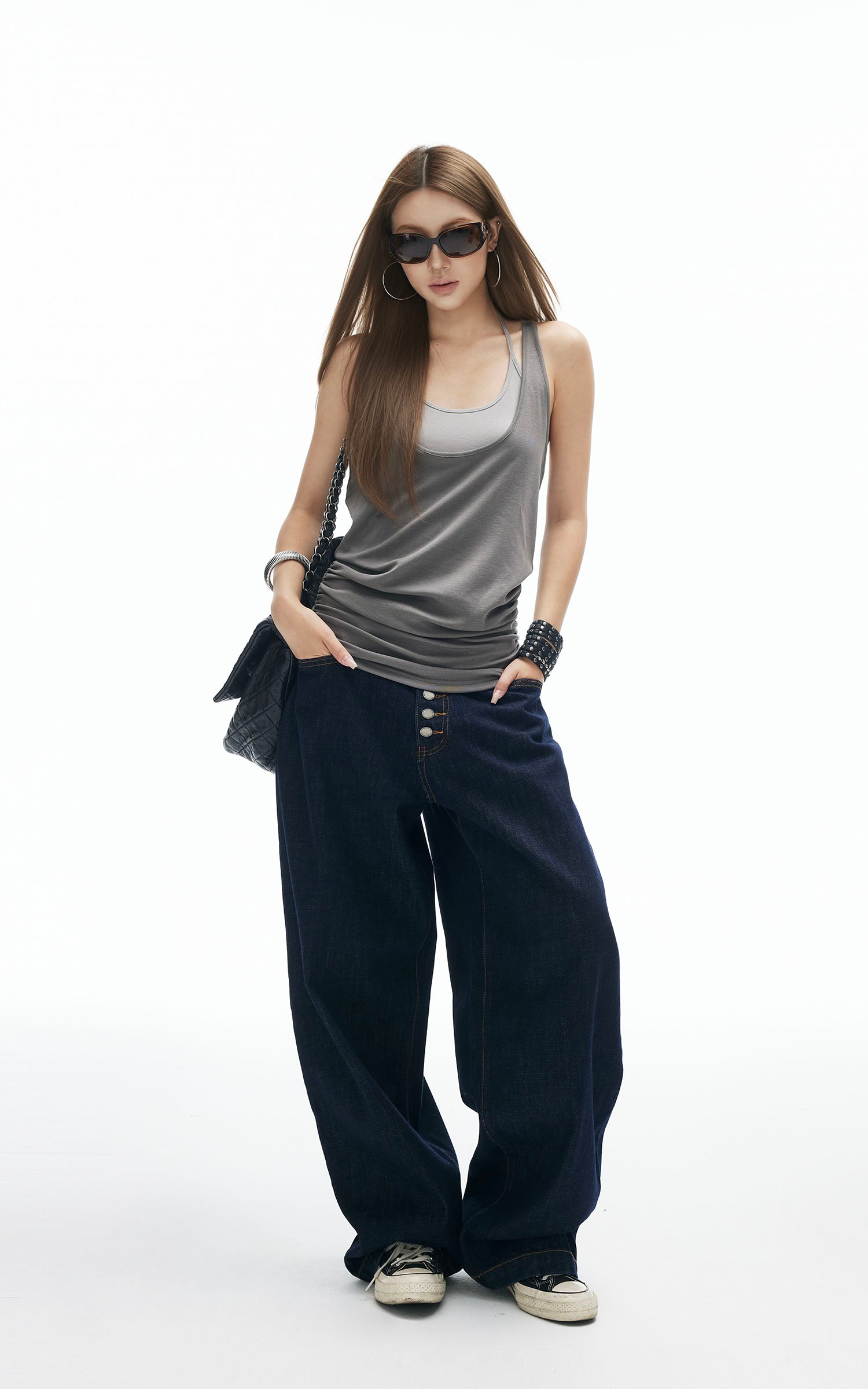 IAMXIAA ギャザー裾レイヤードタンクトップ ダブルストラップ デザイン レーサーバックスタイル