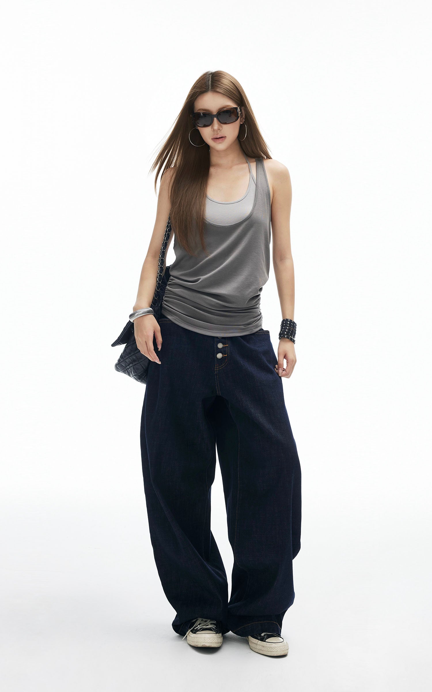 IAMXIAA ギャザー裾レイヤードタンクトップ ダブルストラップ デザイン レーサーバックスタイル