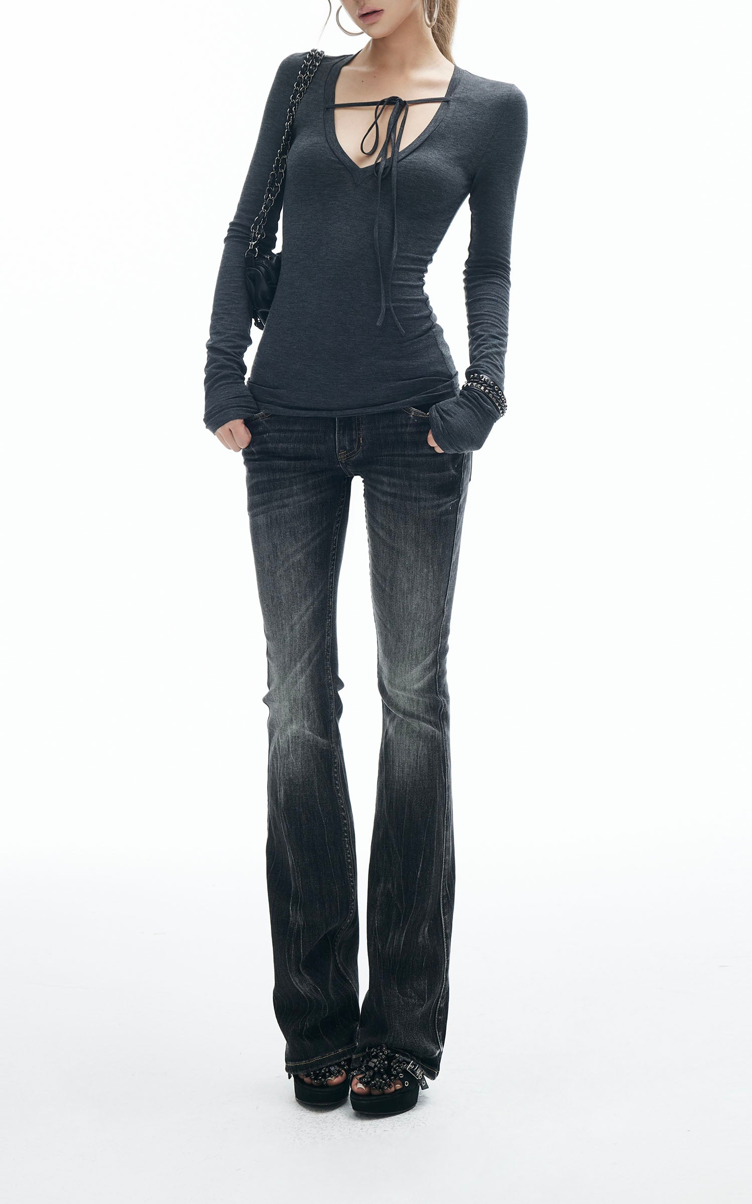 IAMXIAA タイディテール長袖トップス スリムフィット スクープネックTシャツ