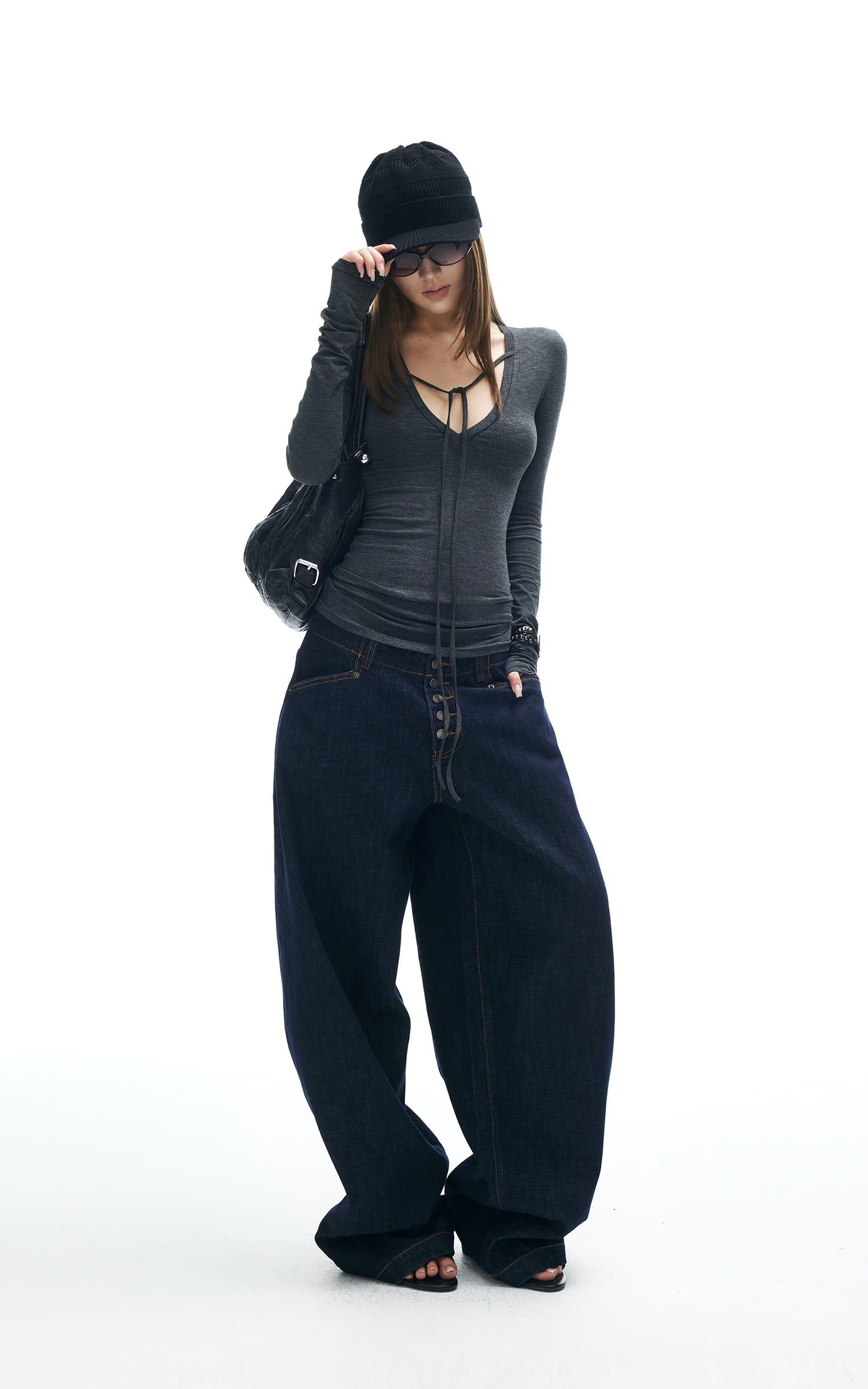 IAMXIAA タイディテール長袖トップス スリムフィット スクープネックTシャツ