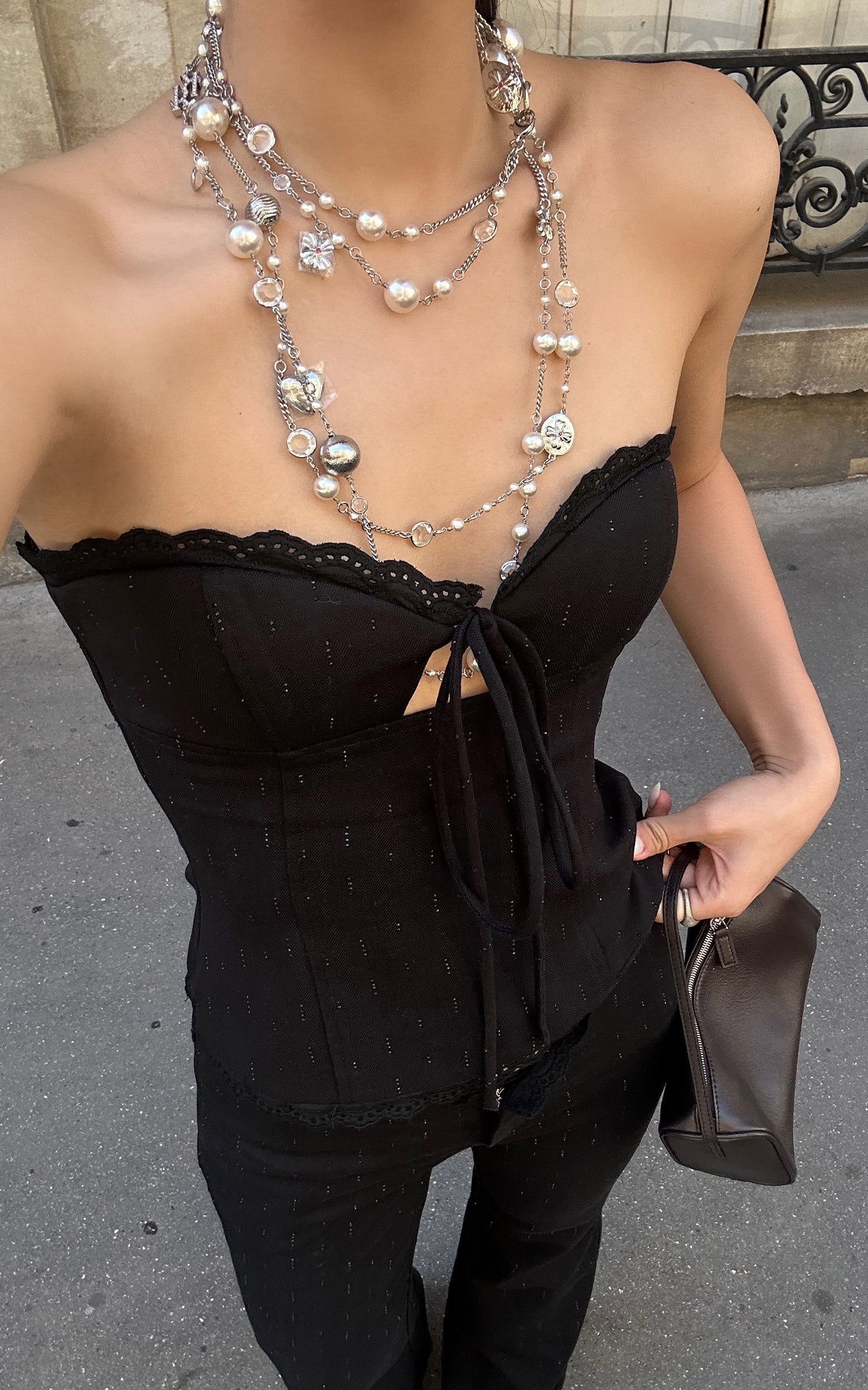 ROVENTE レーストリムコルセットトップ＆フレアパンツセット