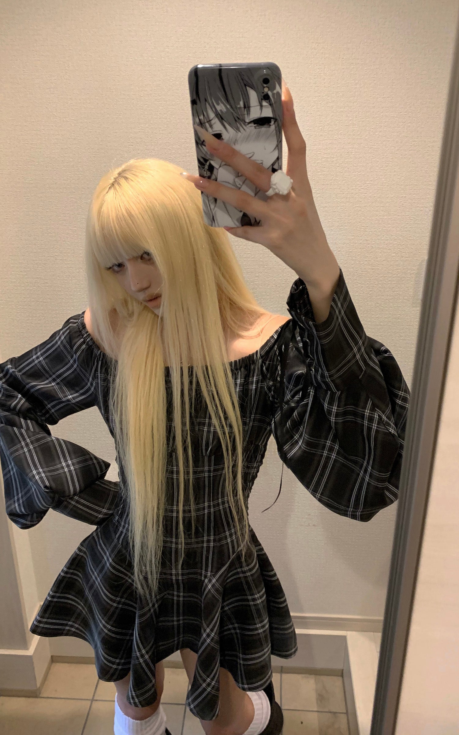 Rase le sol パフスリーブとウエスト絞りのチェックコルセットドレス