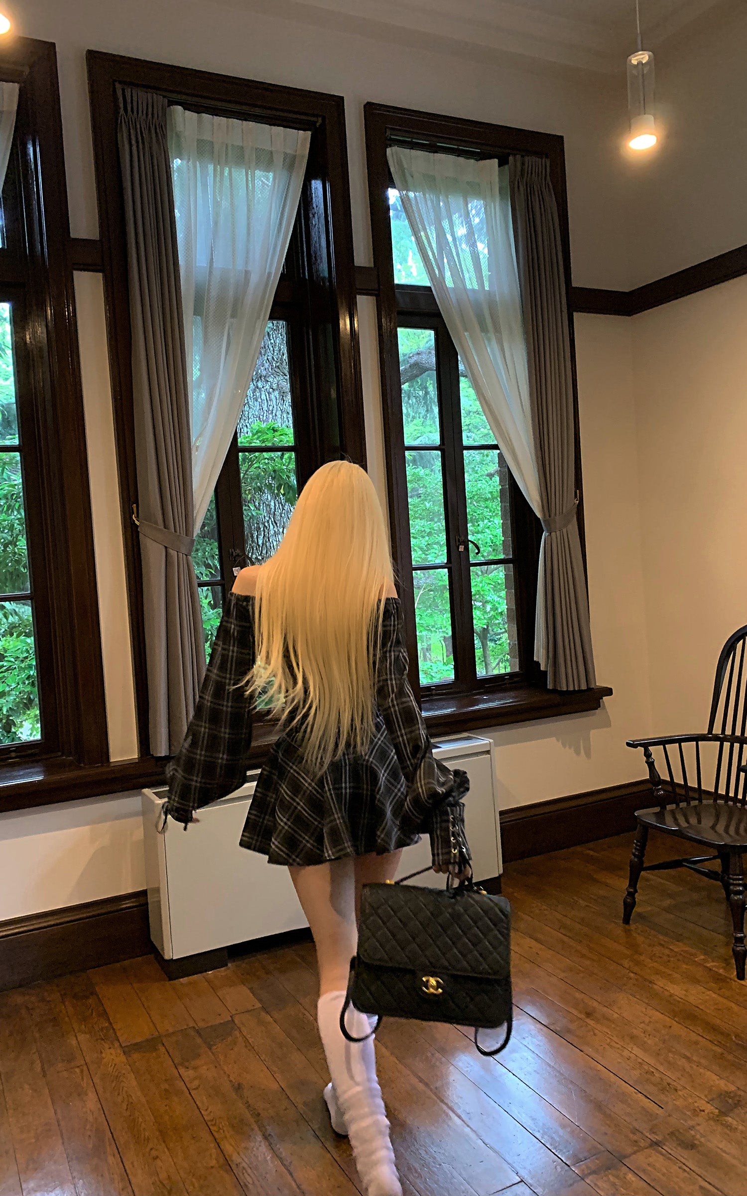 Rase le sol パフスリーブとウエスト絞りのチェックコルセットドレス