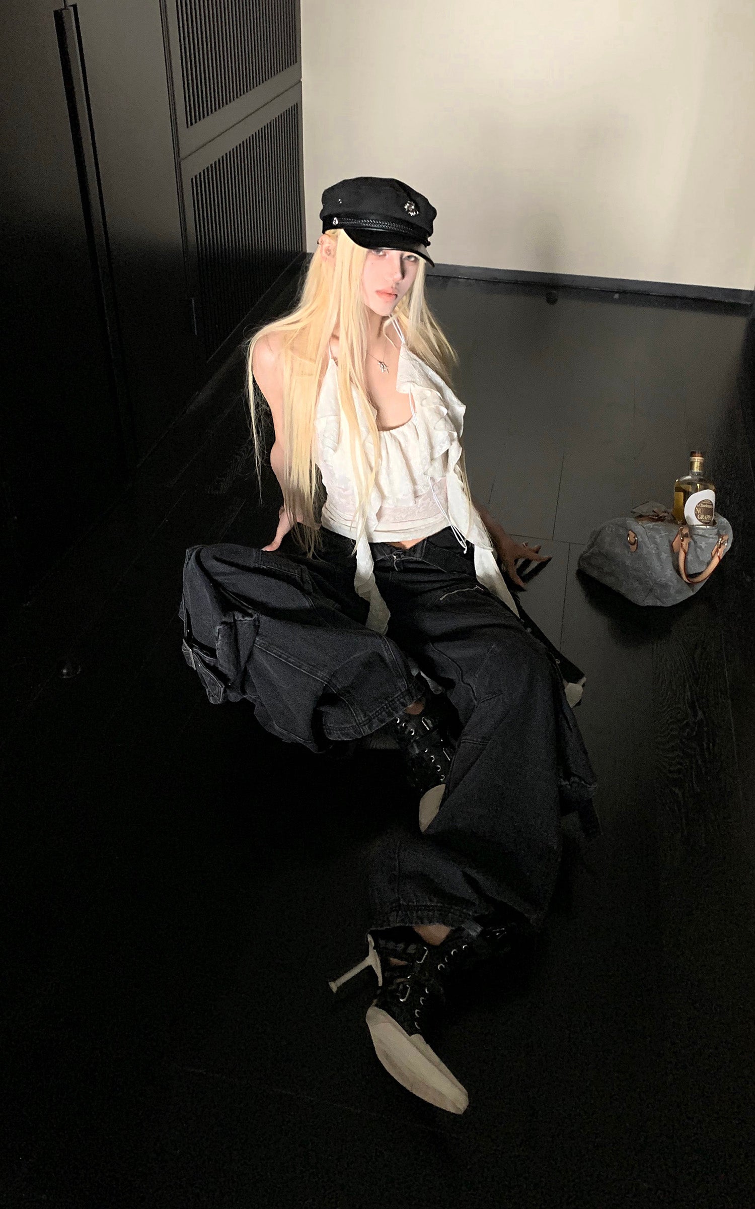 Rase le sol 不規則フリルレースホルターコルセットトップ