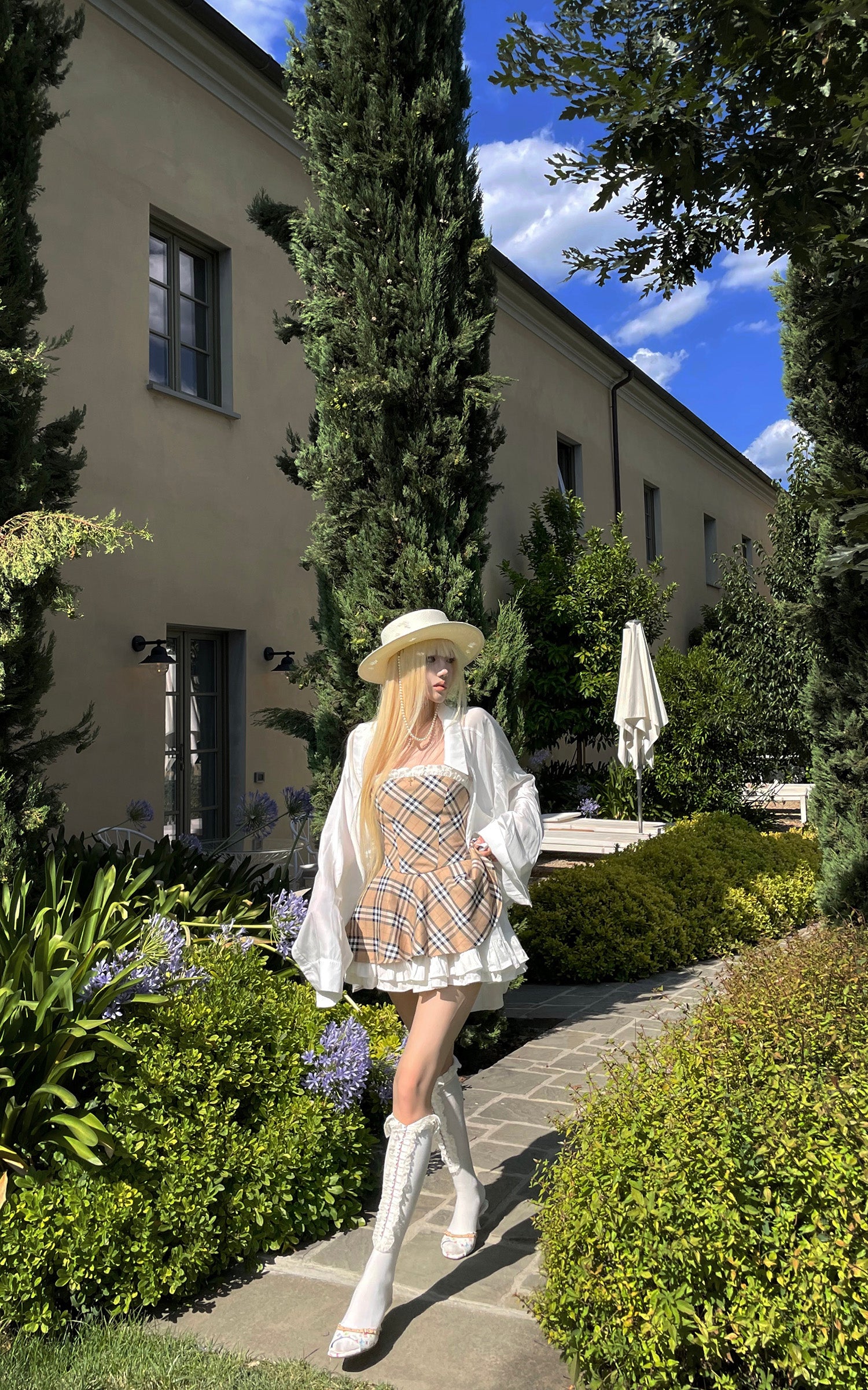 Rase le sol レース裾が重なったチェック柄フレアワンピース