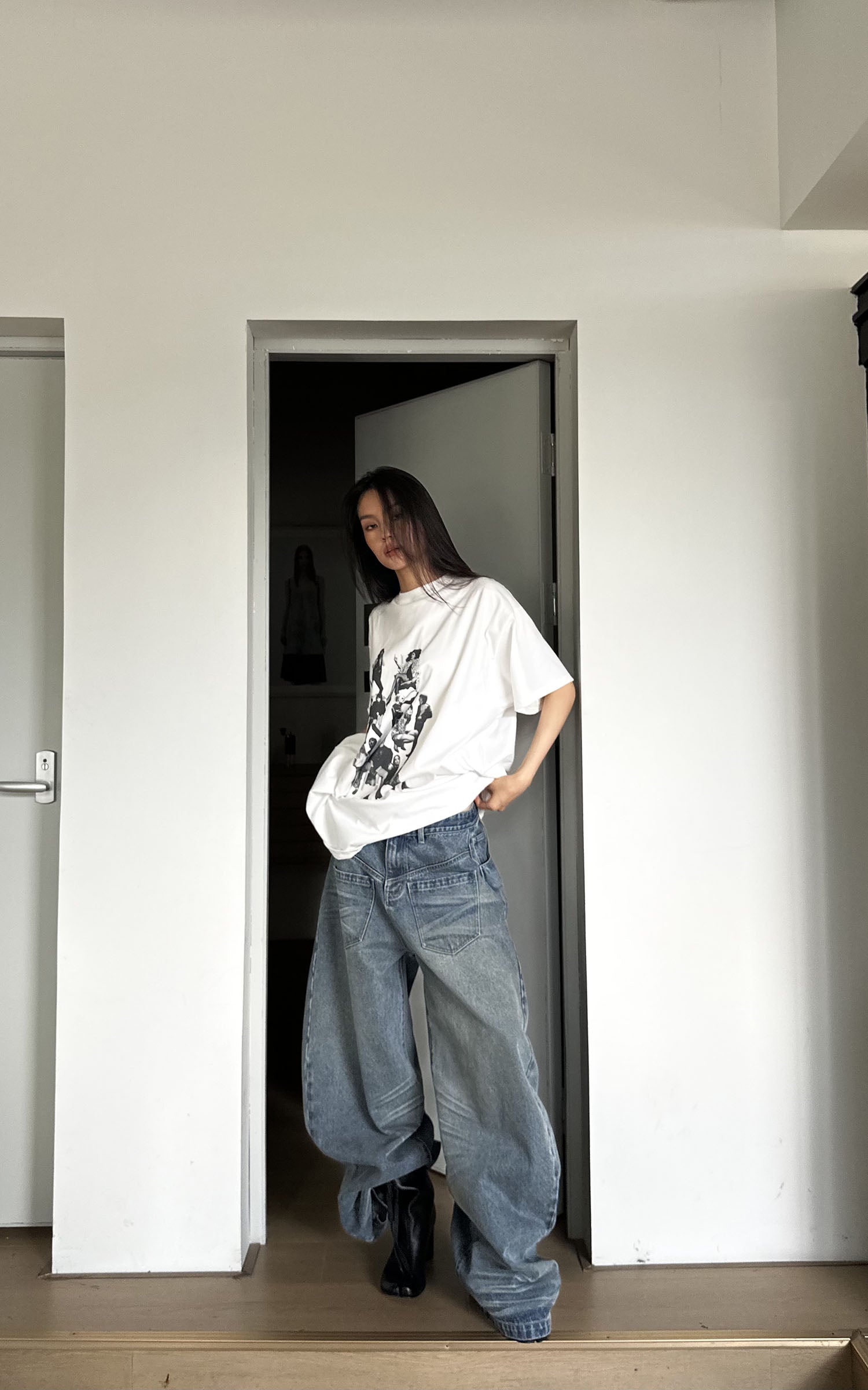 0122stepll カーブワイドレッグドラッグジーンズ