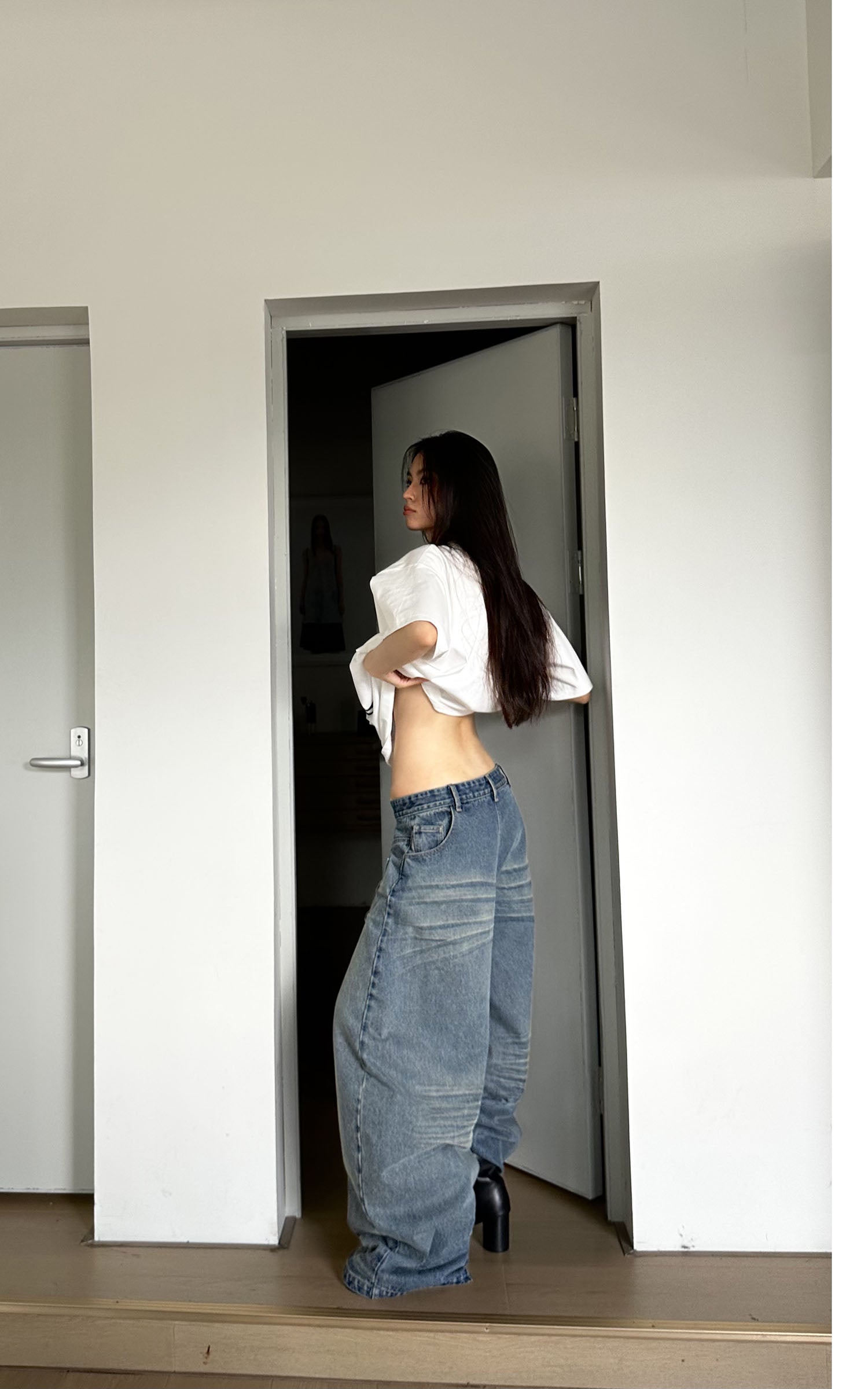 0122stepll カーブワイドレッグドラッグジーンズ