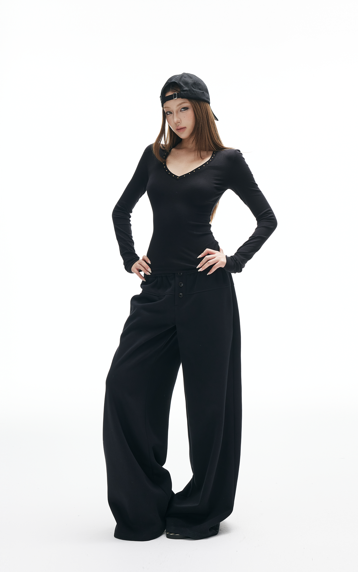 IAMXIAA Studded V-Neck Long Sleeve Tee