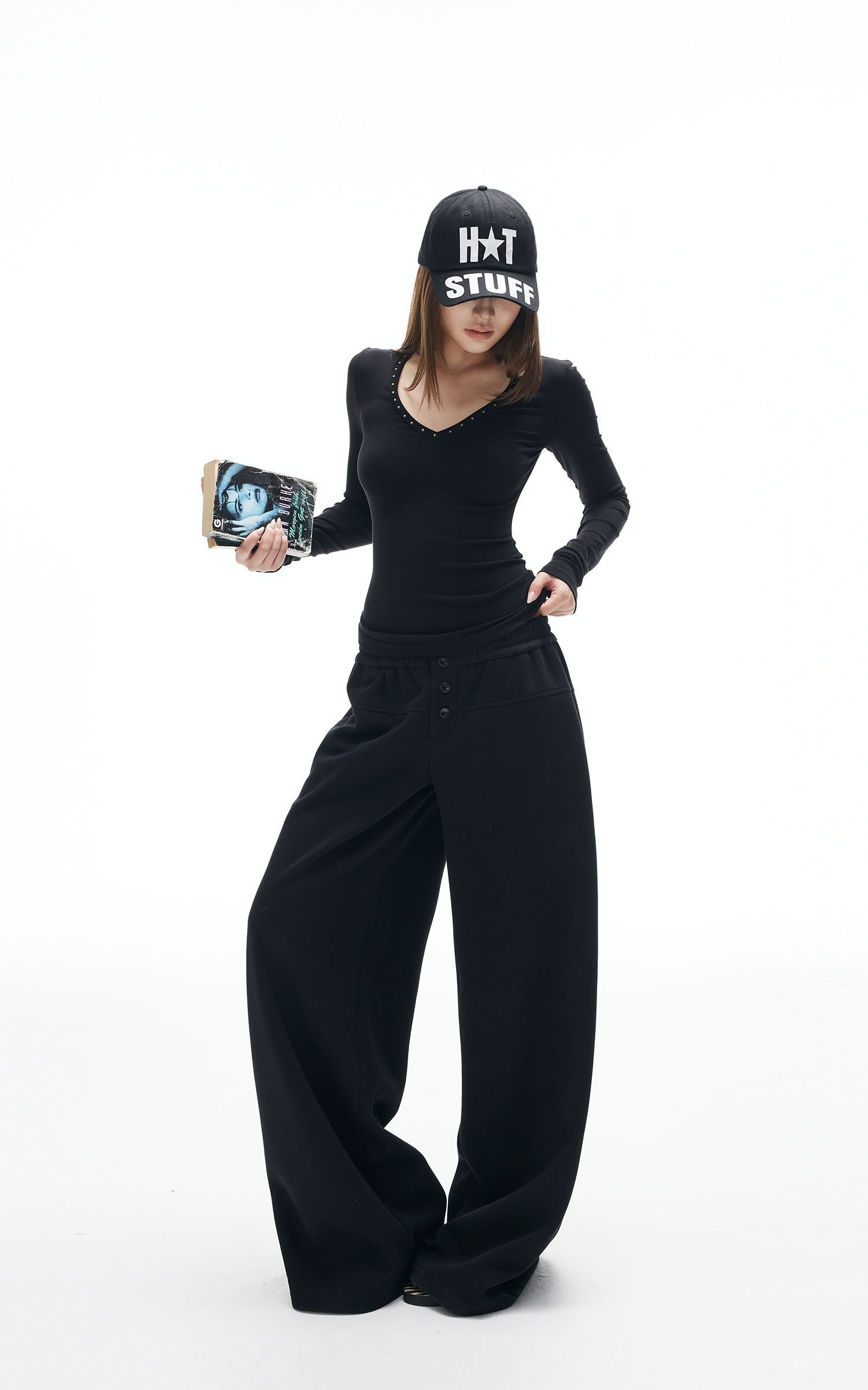 IAMXIAA Studded V-Neck Long Sleeve Tee