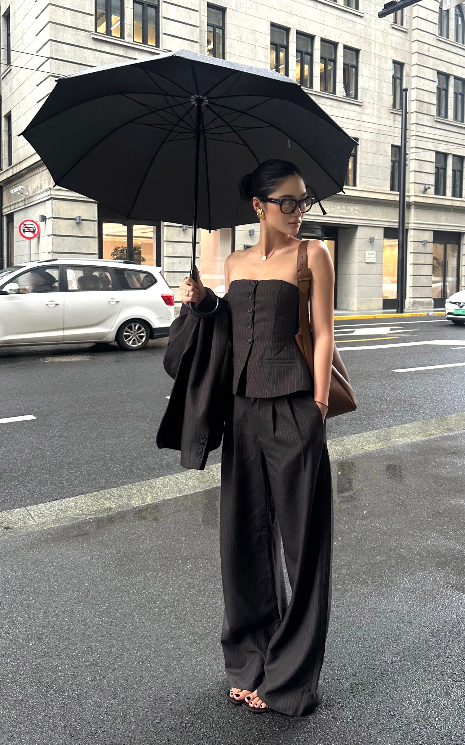 ROVENTE ブレザービスチェ＆ワイドパンツ付きテーラードピンストライプスーツセット