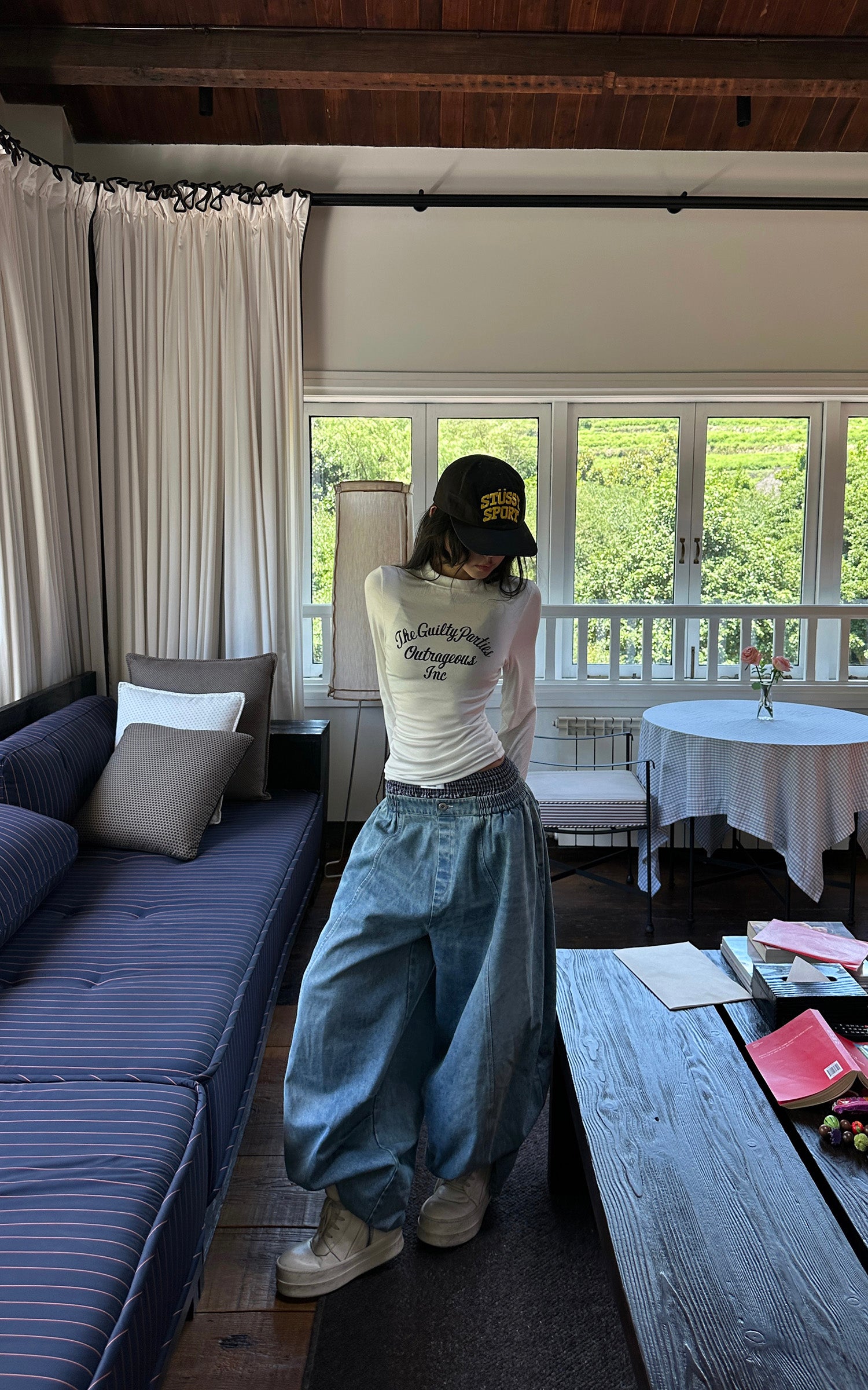 WARDEN EDGE エラスティックウエスト ワイドレッグデニムパンツ