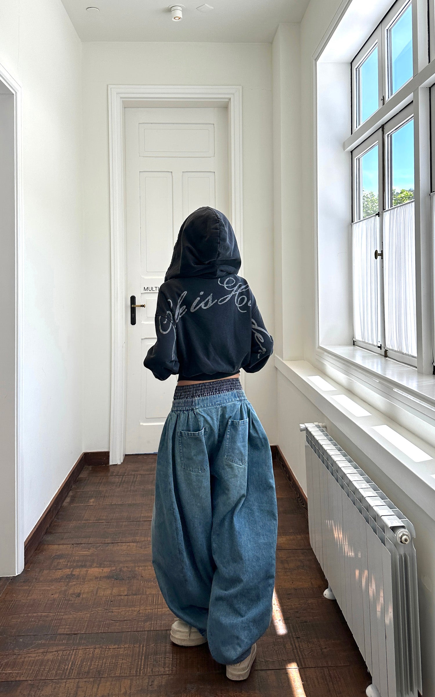 WARDEN EDGE エラスティックウエスト ワイドレッグデニムパンツ