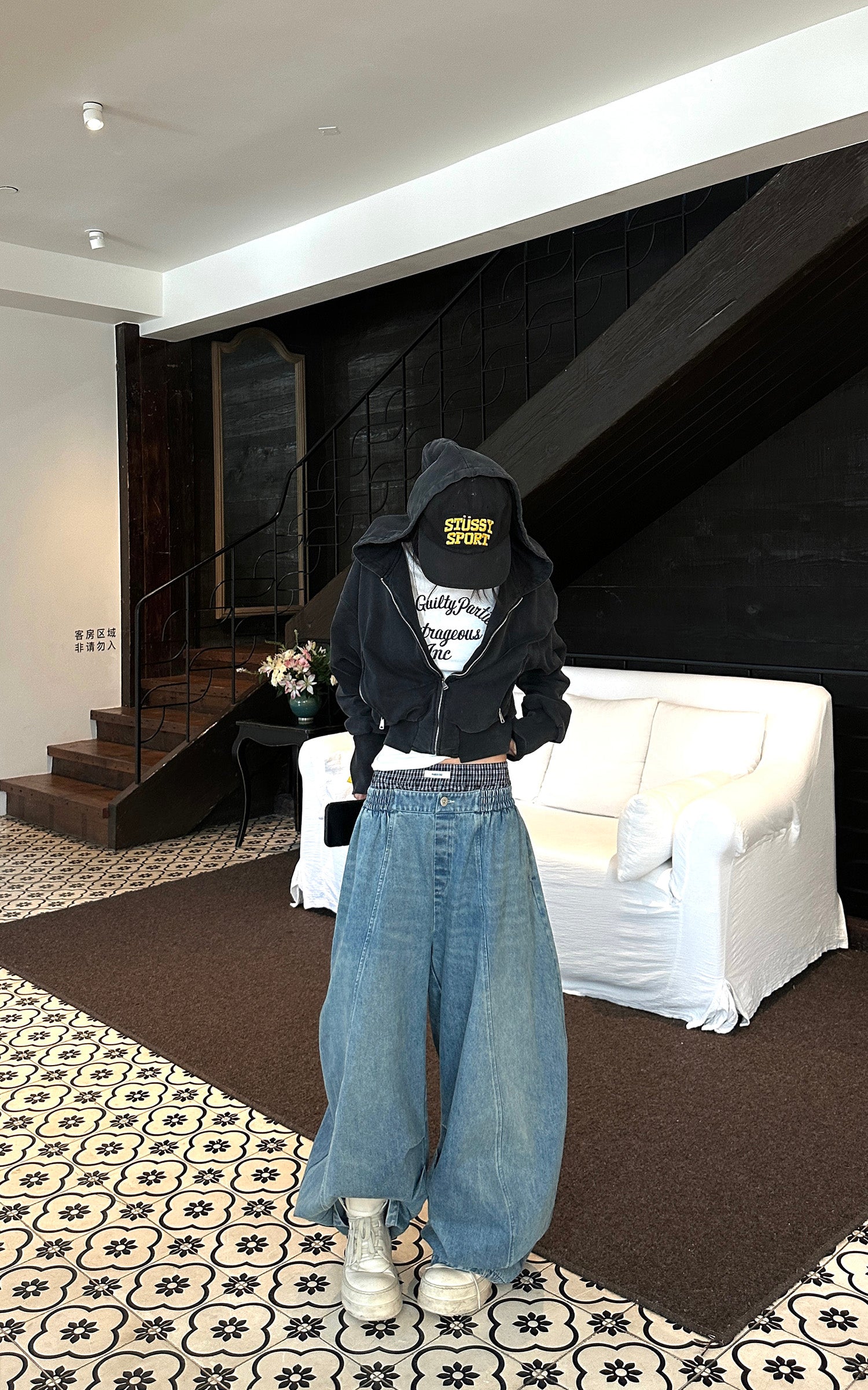 WARDEN EDGE エラスティックウエスト ワイドレッグデニムパンツ