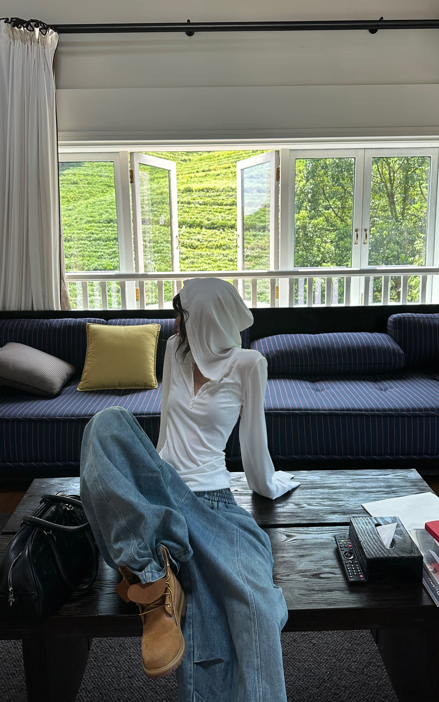 WARDEN EDGE エラスティックウエスト ワイドレッグデニムパンツ