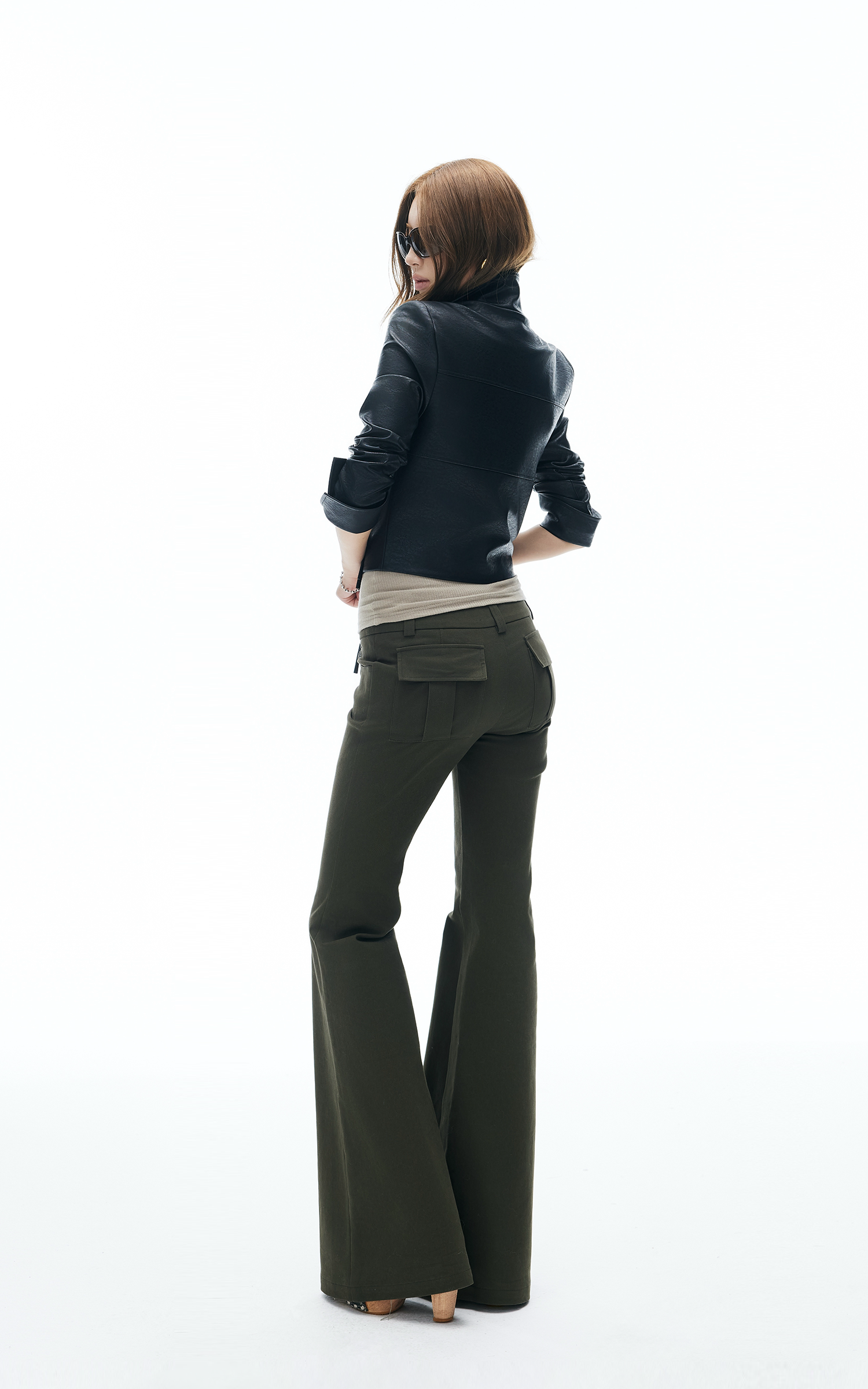 IAMXIAA Flared Casual Pants with Double Button Waist in Olive Green
