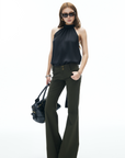 IAMXIAA Flared Casual Pants with Double Button Waist in Olive Green