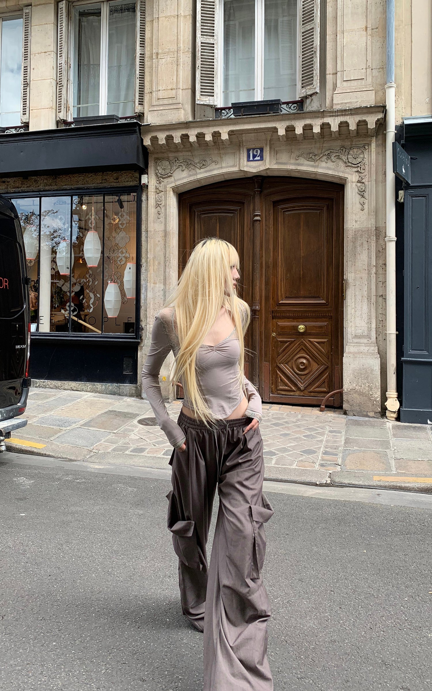 Rase Le Sol レースパネル付きフィット長袖Tシャツ