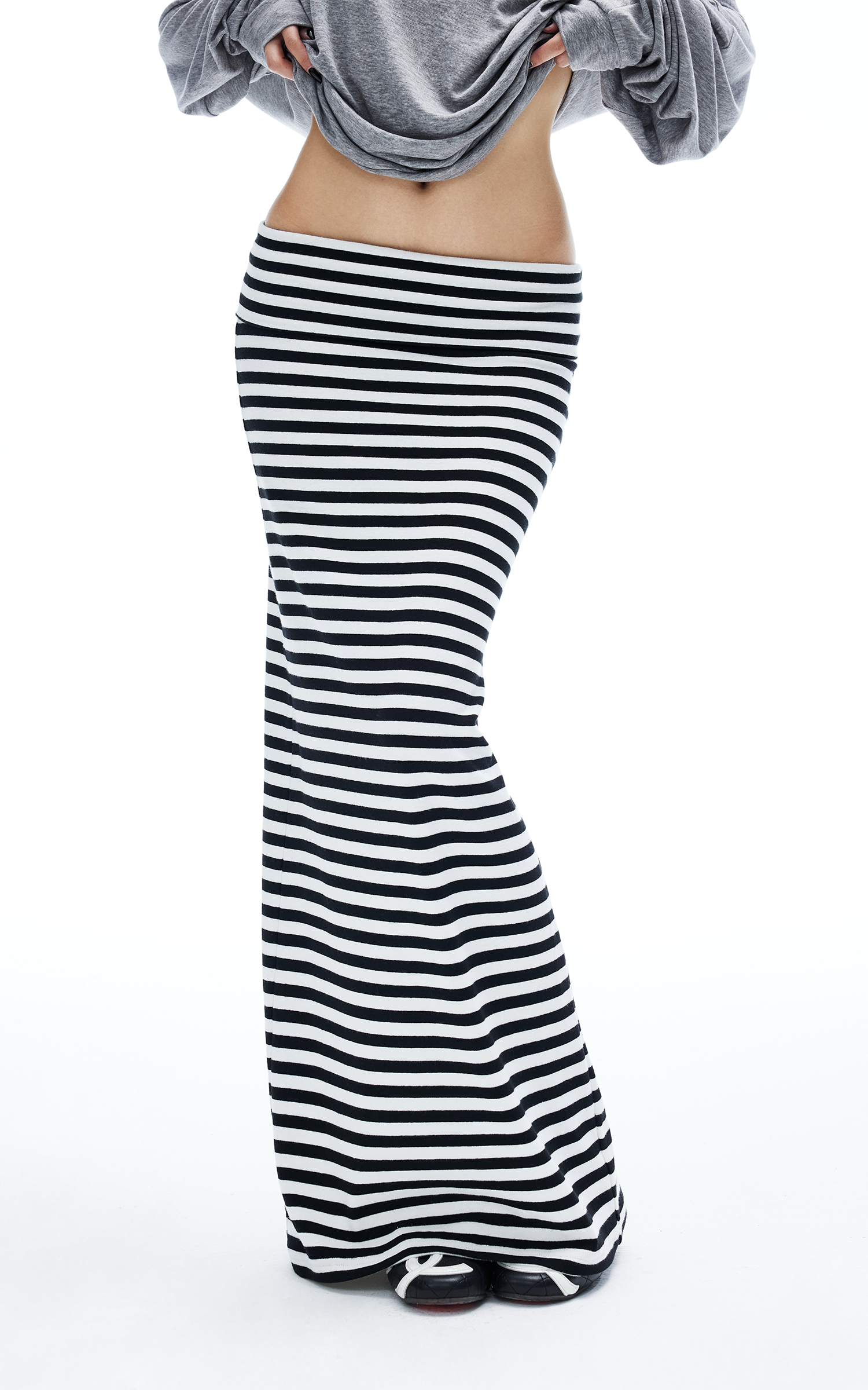 IAMXIAA ストライプ柄ボディコンマキシスカート スリムフィット ストレッチロングスカート