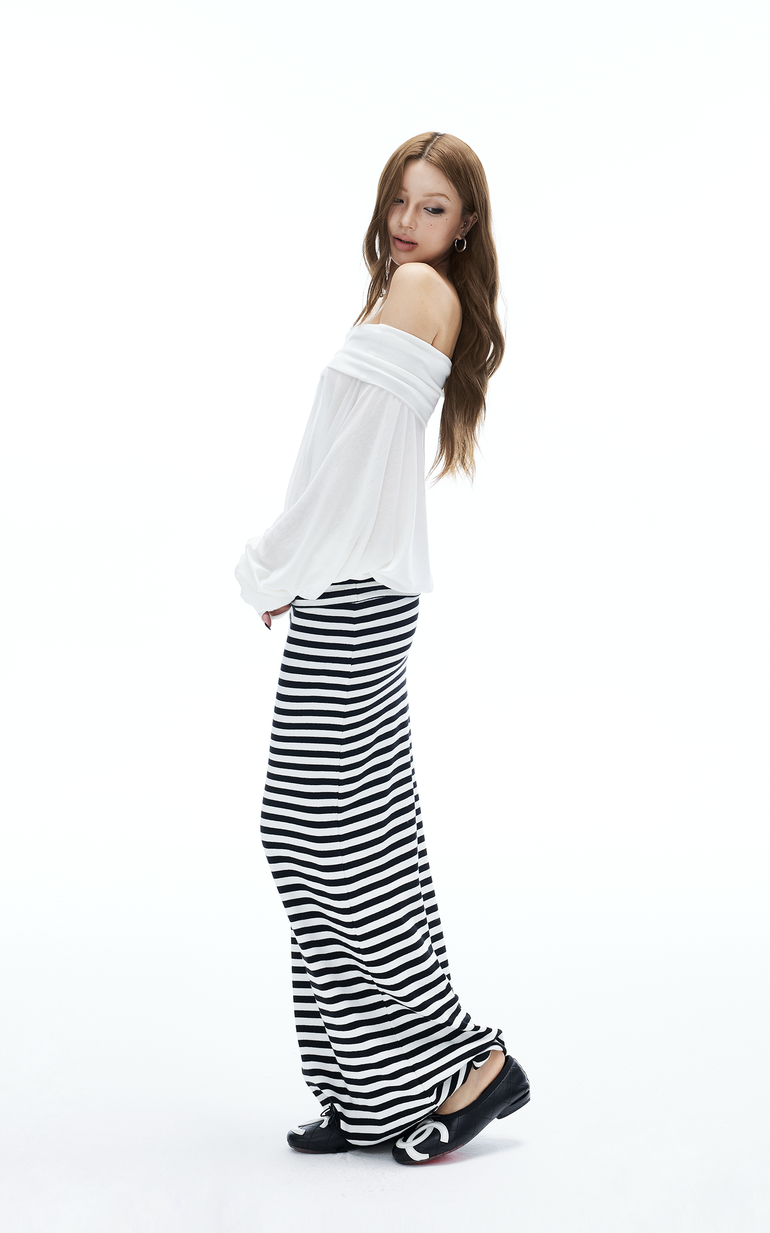 IAMXIAA ストライプ柄ボディコンマキシスカート スリムフィット ストレッチロングスカート