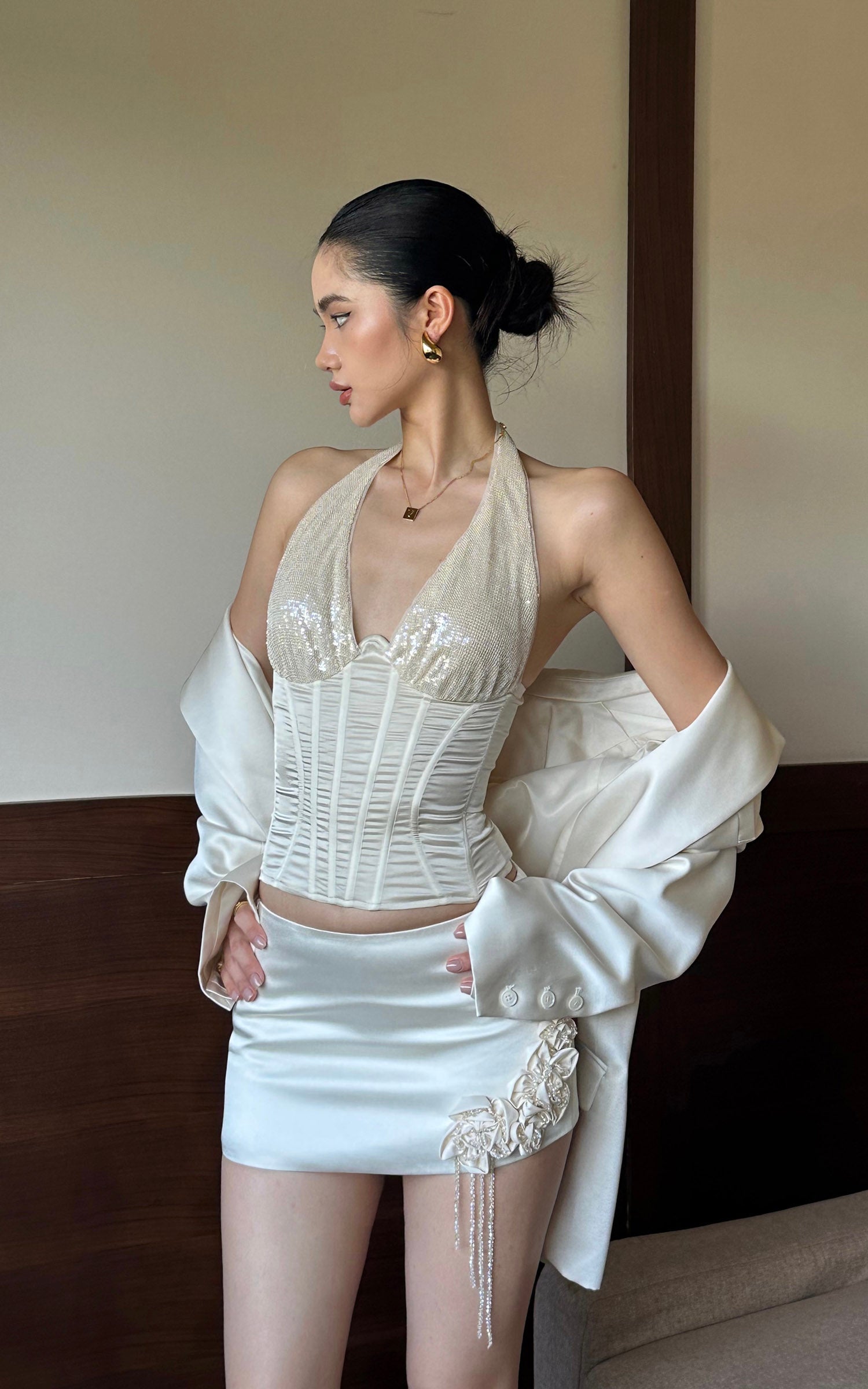 ROVENTE スパンコールコルセットトップ &amp; サテンミニスカートセット