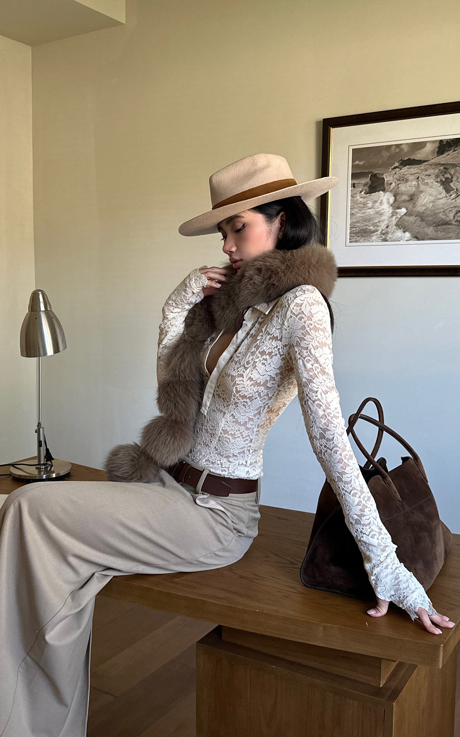 ROVENTE 襟付きレースシアー長袖シャツ