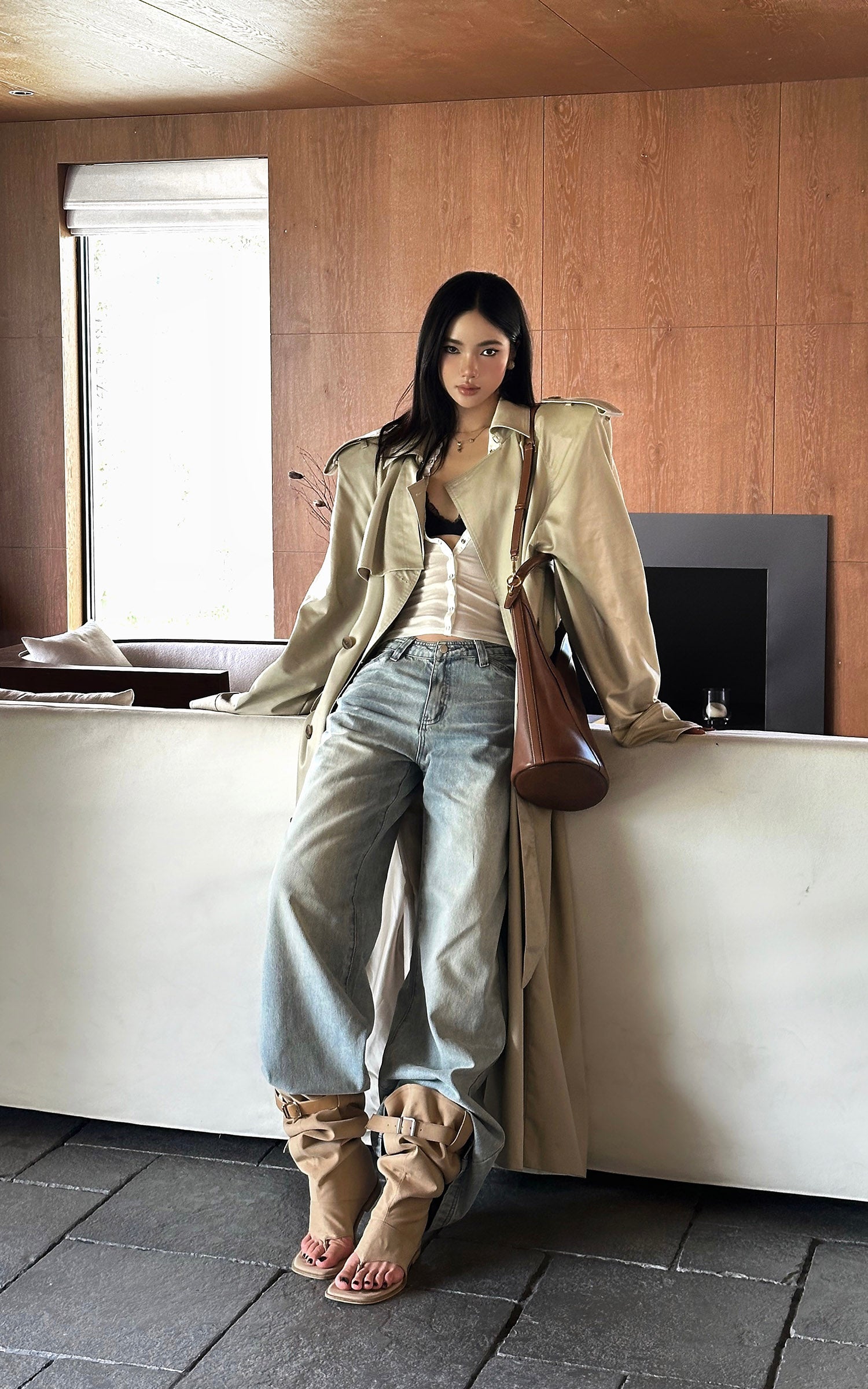 ROVENTE ベルト付きダブルブレストトレンチコート