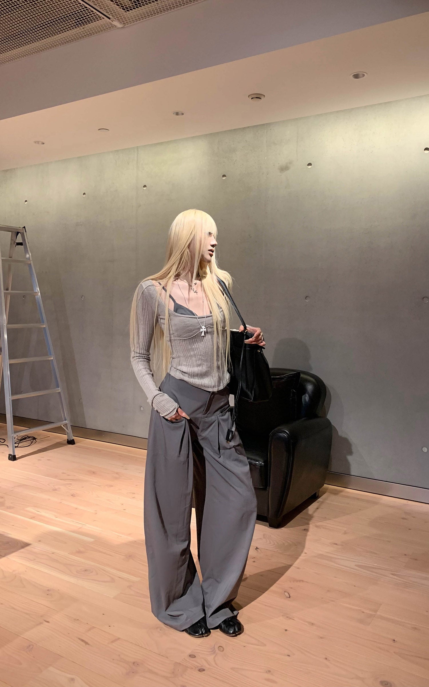 Rase le sol グレー ニット シアー 長袖トップス＆ミニマリストブラ レイヤードセット