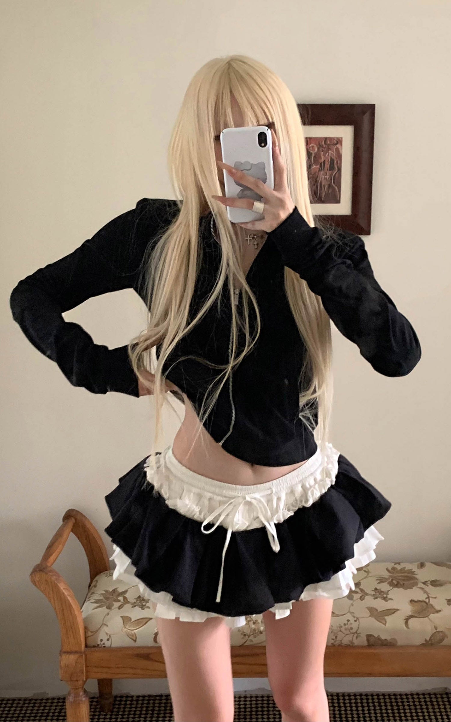 Rase le sol ブラック &amp; ホワイトレイヤードミニスカート